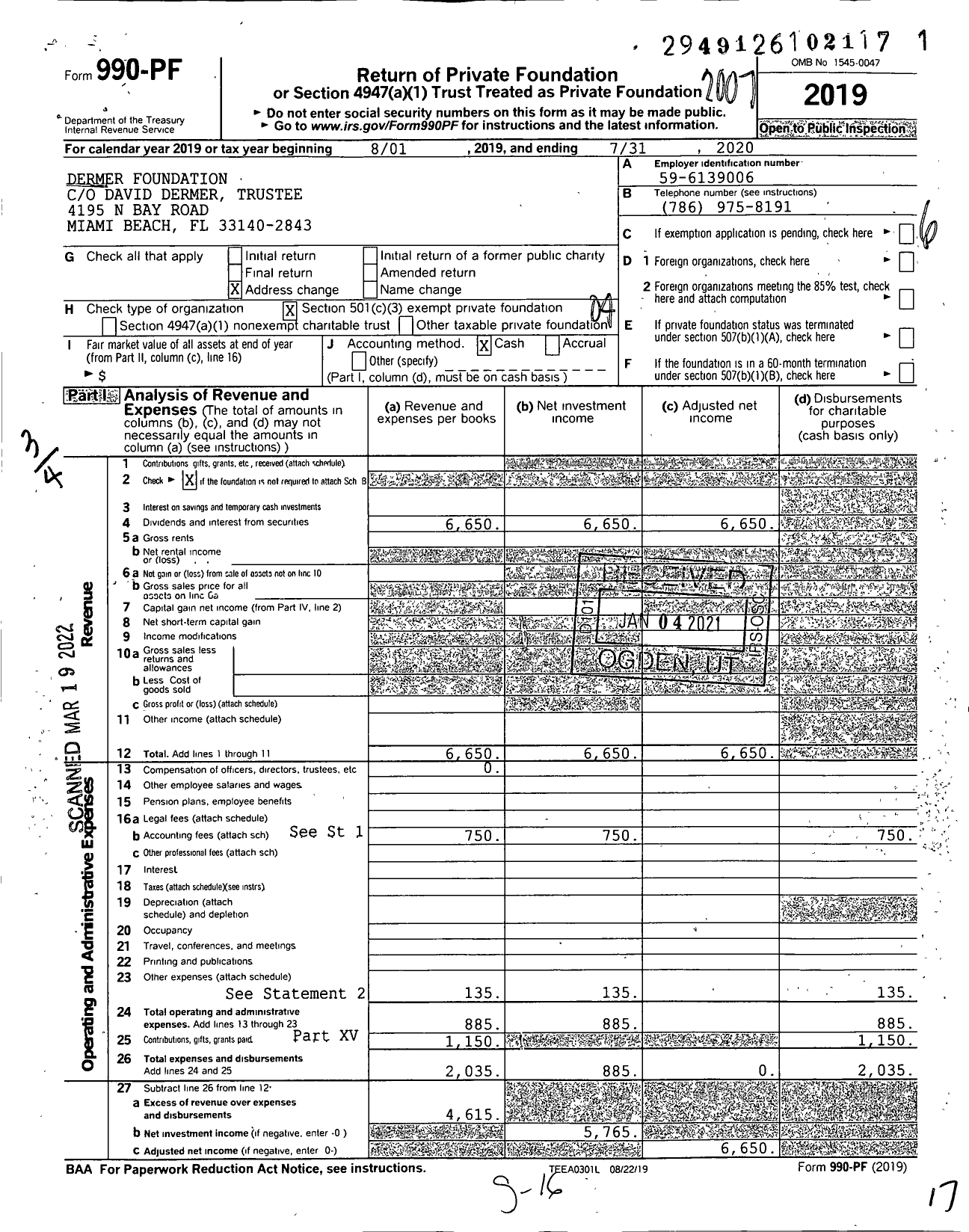 Image of first page of 2019 Form 990PF for Dermer Foundation