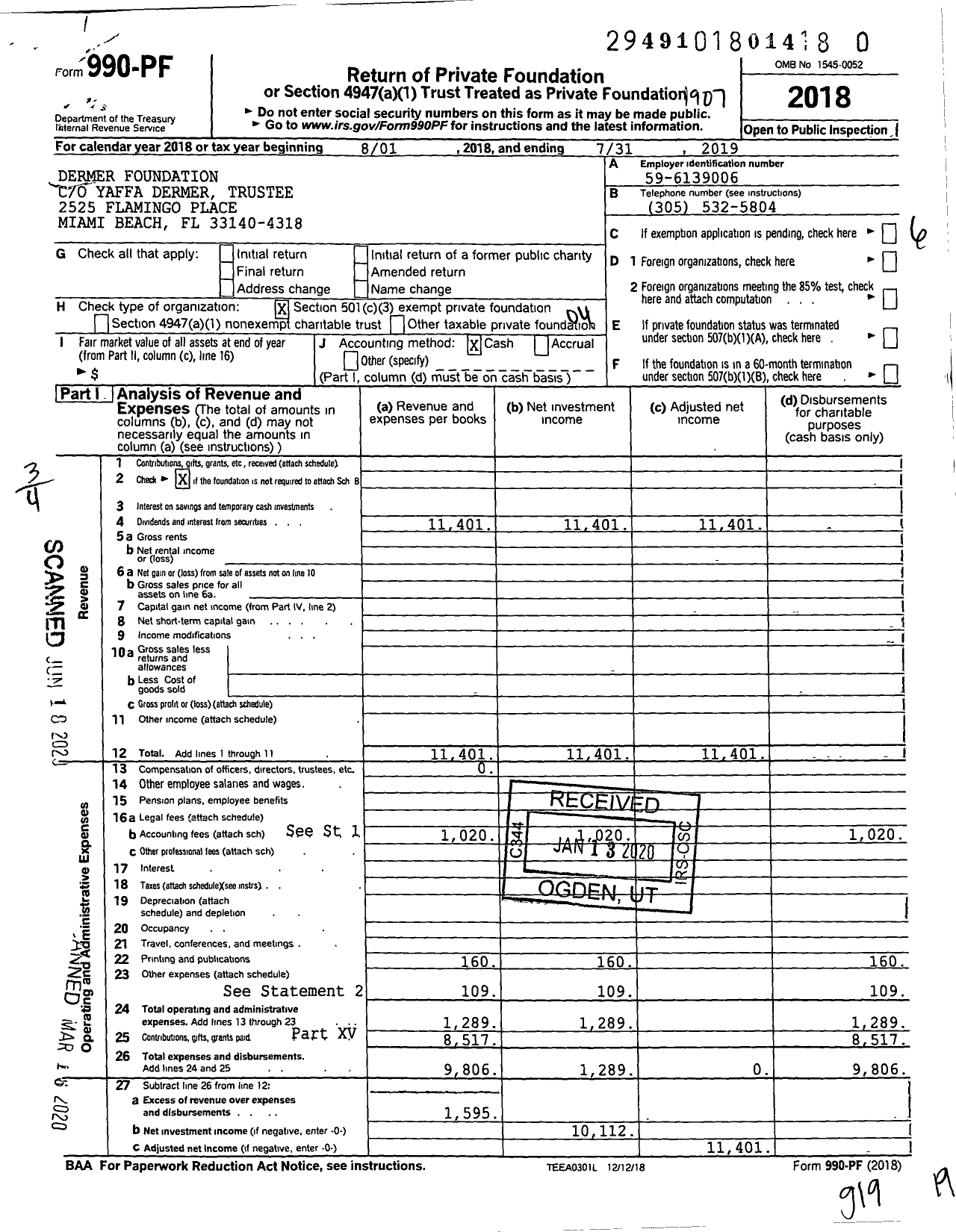 Image of first page of 2018 Form 990PR for Dermer Foundation