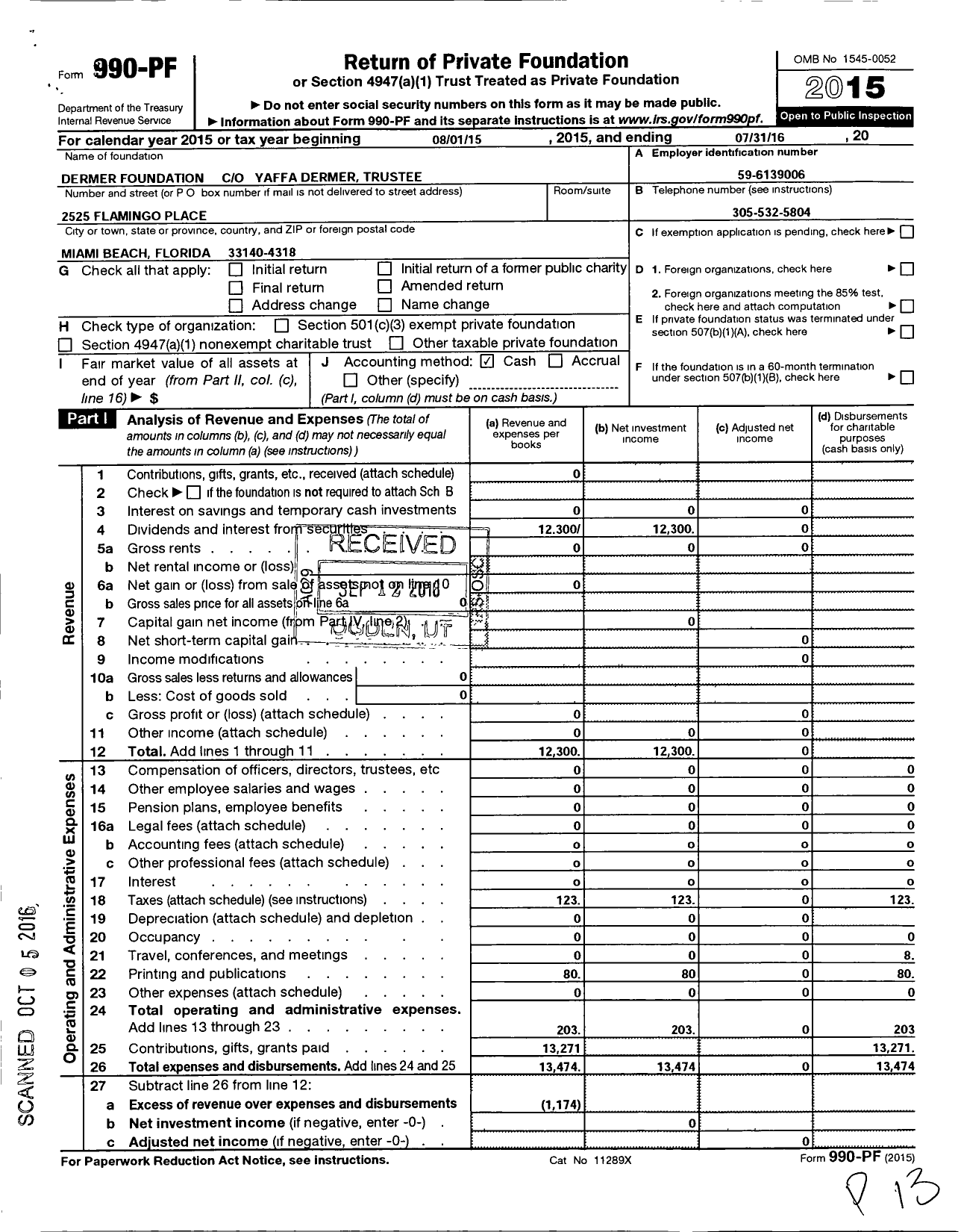 Image of first page of 2015 Form 990PF for Dermer Foundation