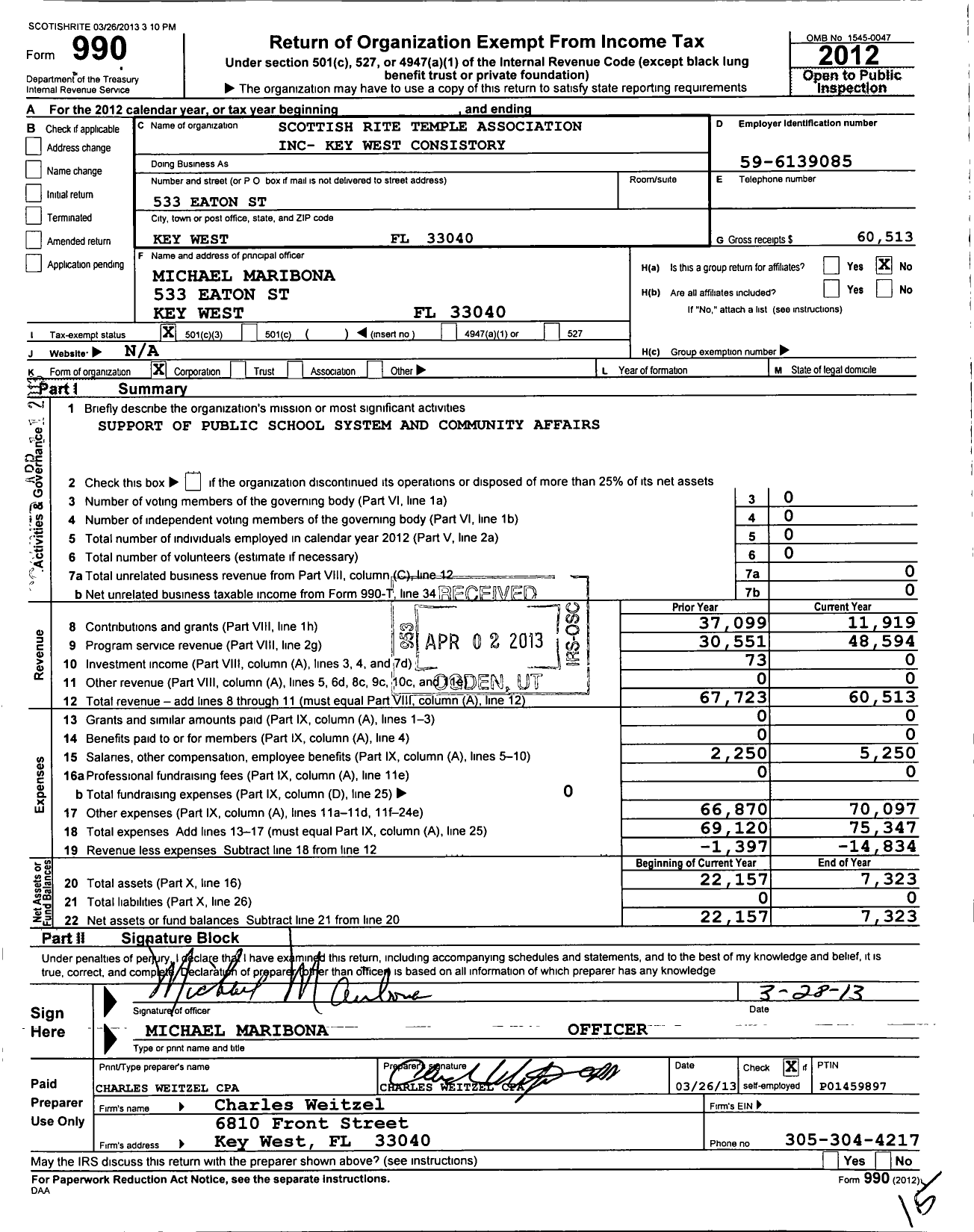 Image of first page of 2012 Form 990 for Scottish Rite of Freemasonry Southern Jurisdiction - Valley of Key West & Coord Bodies