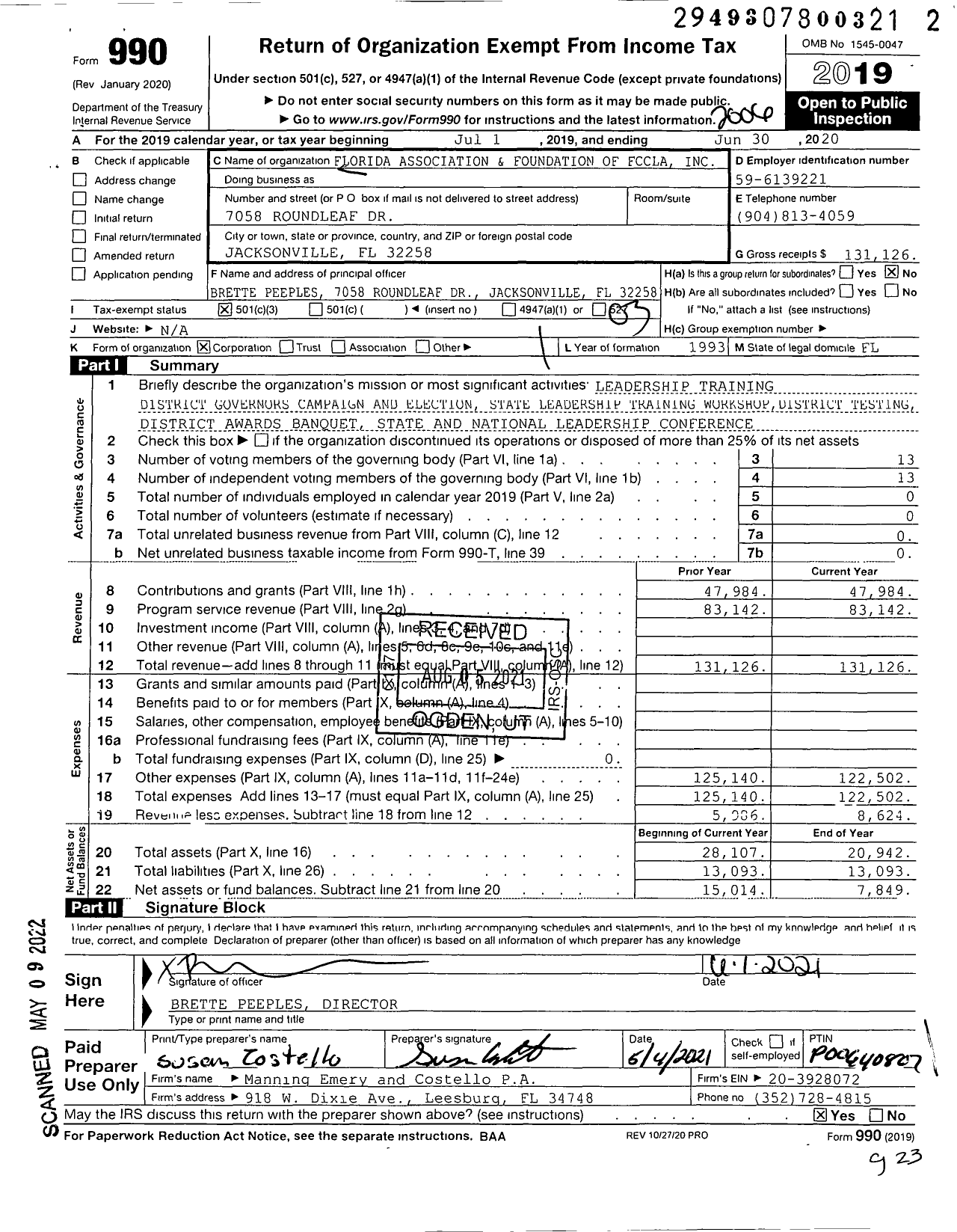 Image of first page of 2019 Form 990 for Florida Association and Foundation of Fccla