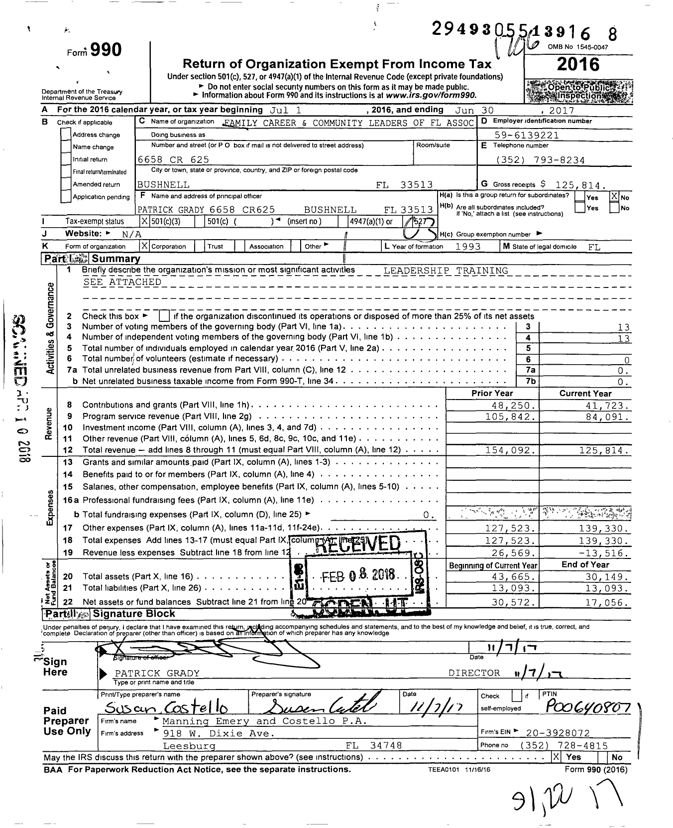 Image of first page of 2016 Form 990 for Florida Association and Foundation of Fccla