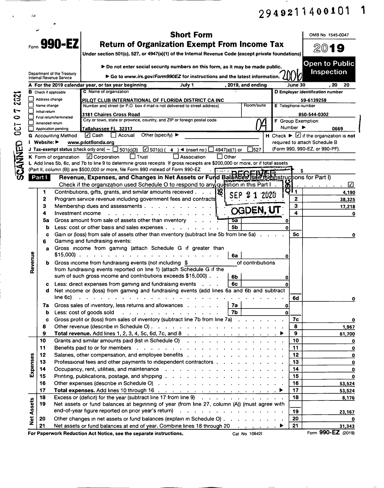 Image of first page of 2019 Form 990EO for Pilot Club International of Florida District CA