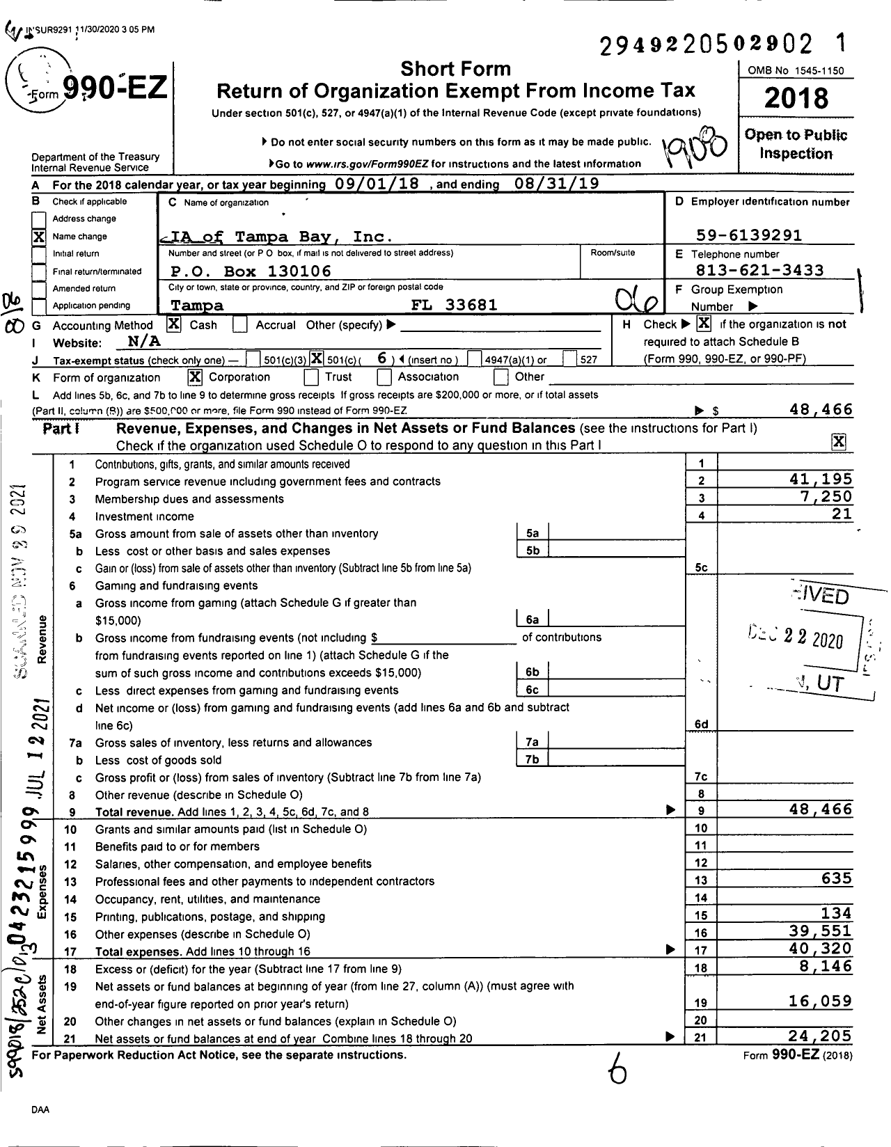 Image of first page of 2018 Form 990EO for Ia of Tampa Bay