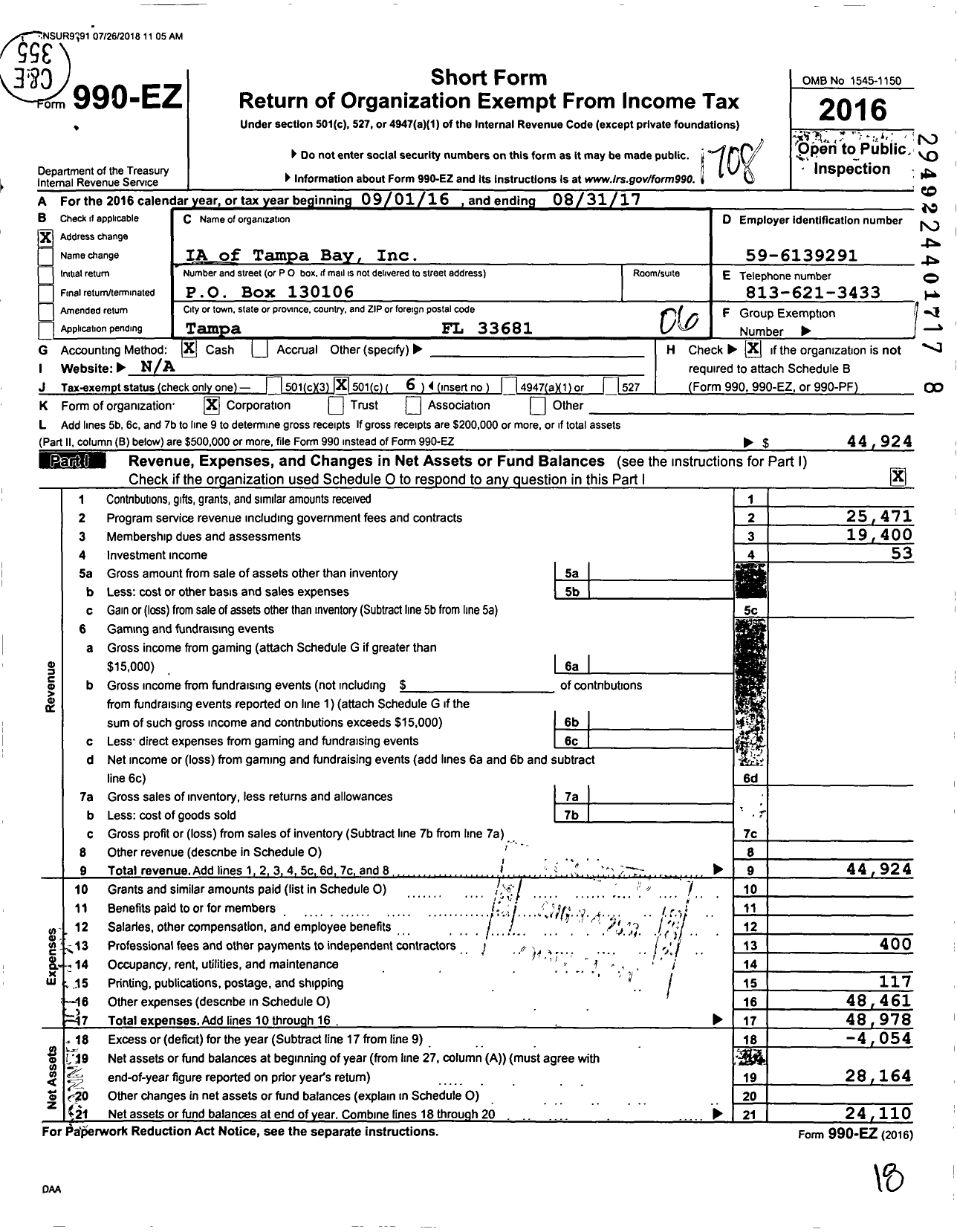 Image of first page of 2016 Form 990EO for Ia of Tampa Bay