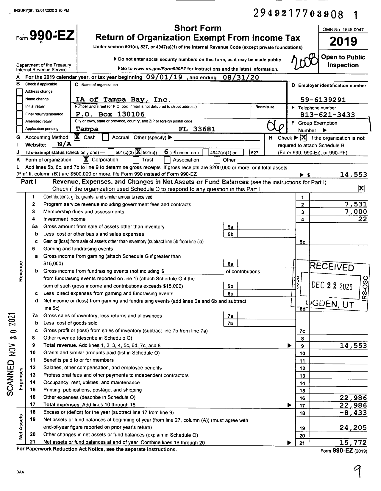 Image of first page of 2019 Form 990EO for Ia of Tampa Bay