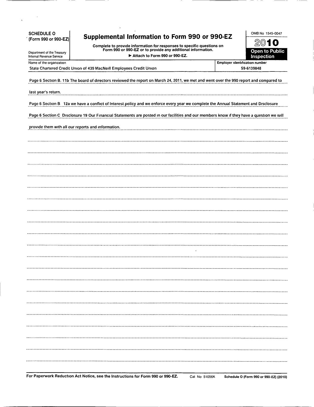 Image of first page of 2010 Form 990OR for State Chartered Credit Unions of Florida - 439 Macneill Employees Credit Union