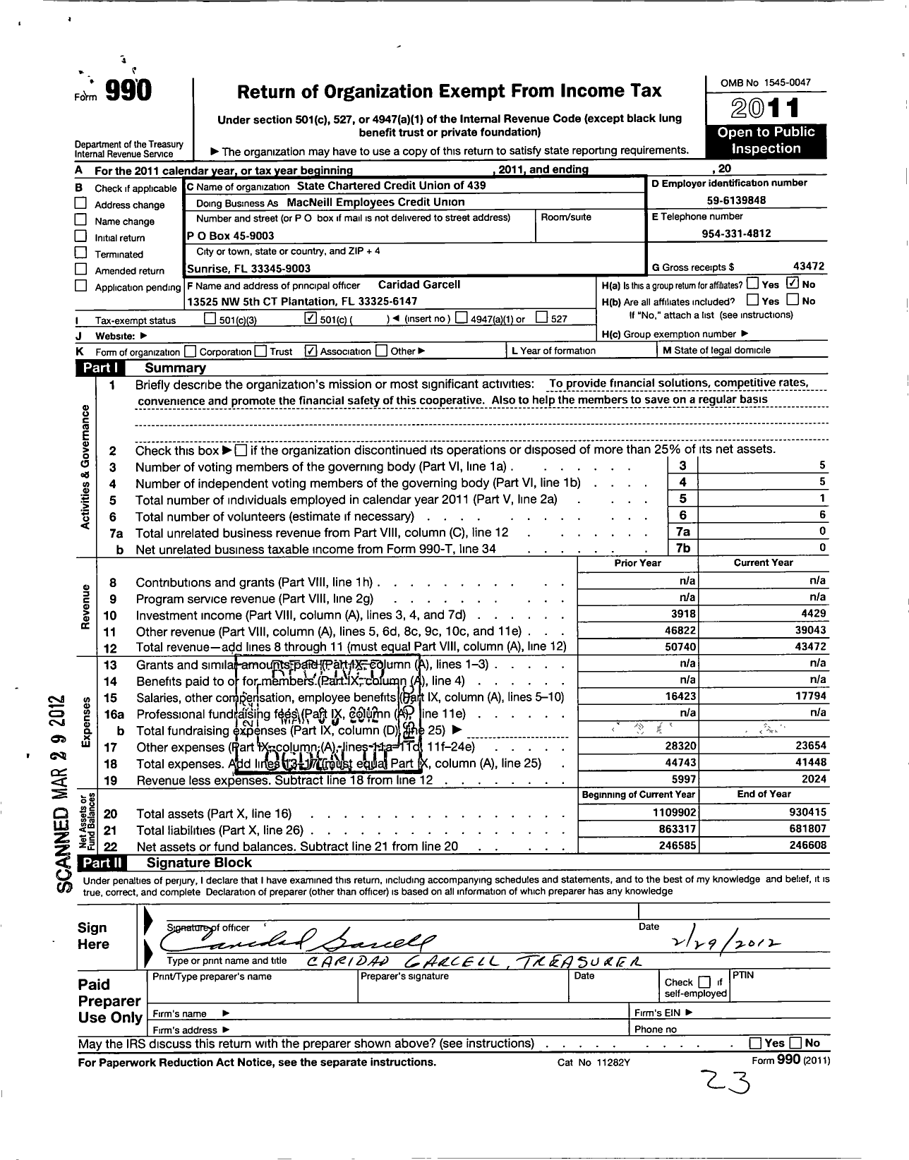 Image of first page of 2011 Form 990O for State Chartered Credit Unions of Florida - 439 Macneill Employees Credit Union