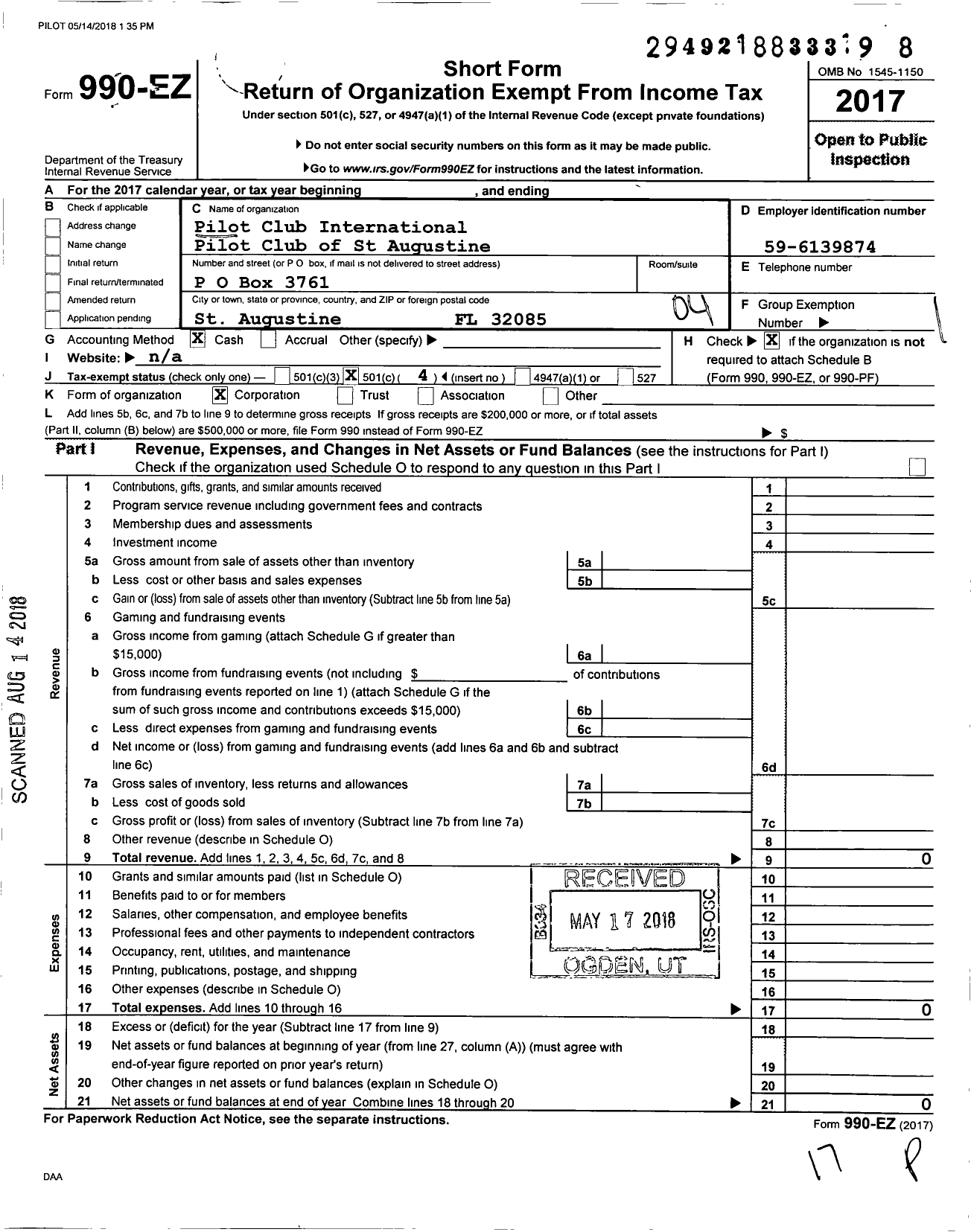 Image of first page of 2017 Form 990EO for Pilot Club of St Augustine