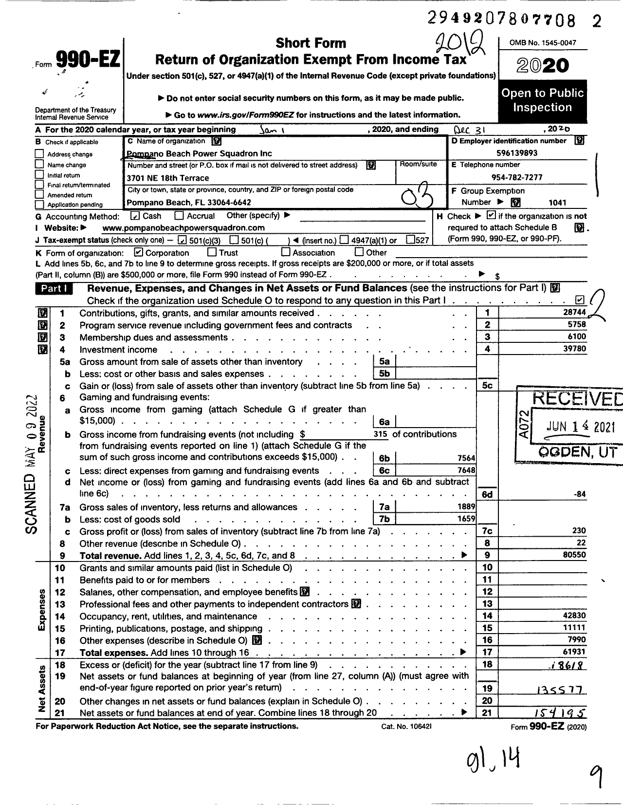 Image of first page of 2020 Form 990EZ for United States Power Squadrons - 8 Pompano Beach Power Squadron