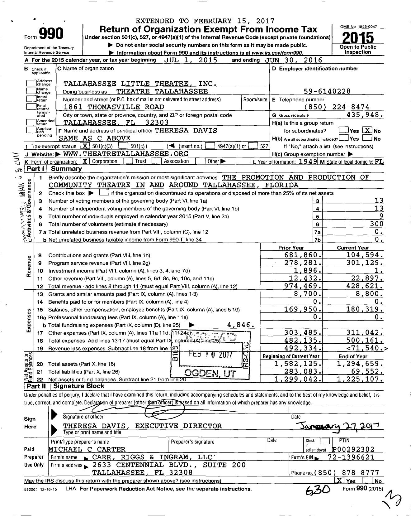 Image of first page of 2015 Form 990 for Theatre Tallahassee