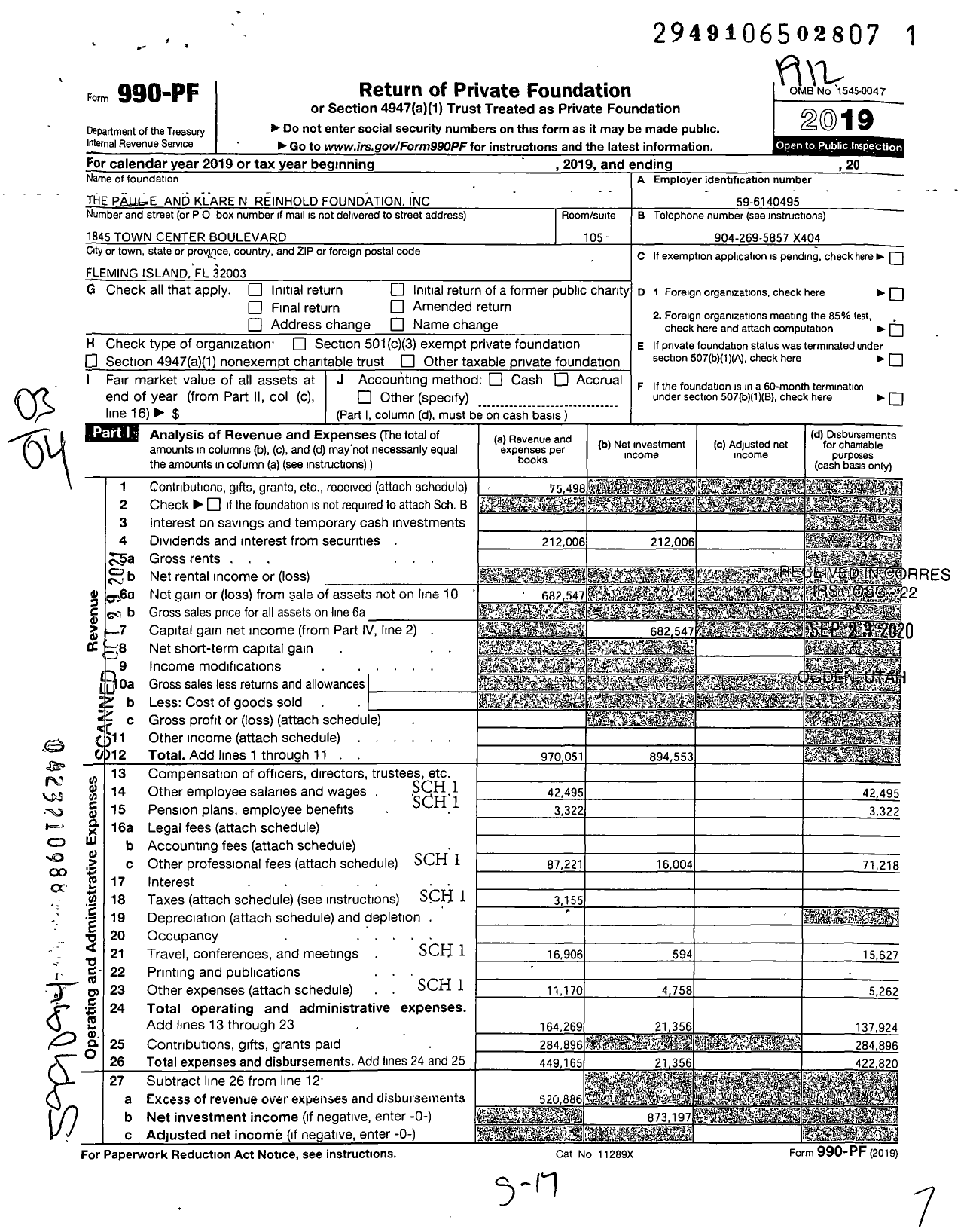 Image of first page of 2019 Form 990PF for The Paul E and Klare N Reinhold Foundation