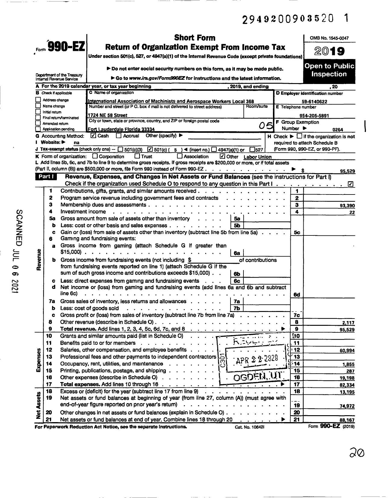 Image of first page of 2019 Form 990EO for International Association of Machinists and Aerospace Workers - 368 Iamaw Lodge