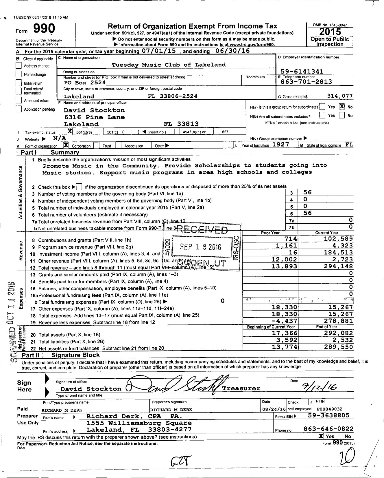 Image of first page of 2015 Form 990 for Tuesday Music Club of Lakeland