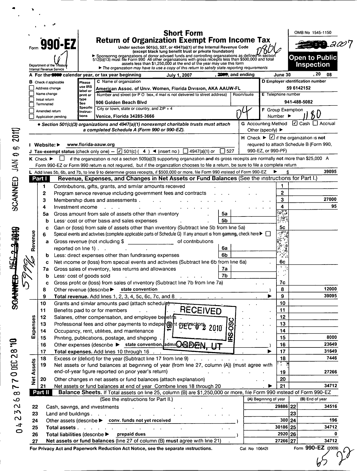 Image of first page of 2007 Form 990EO for American Association of University Women / Aauw FL