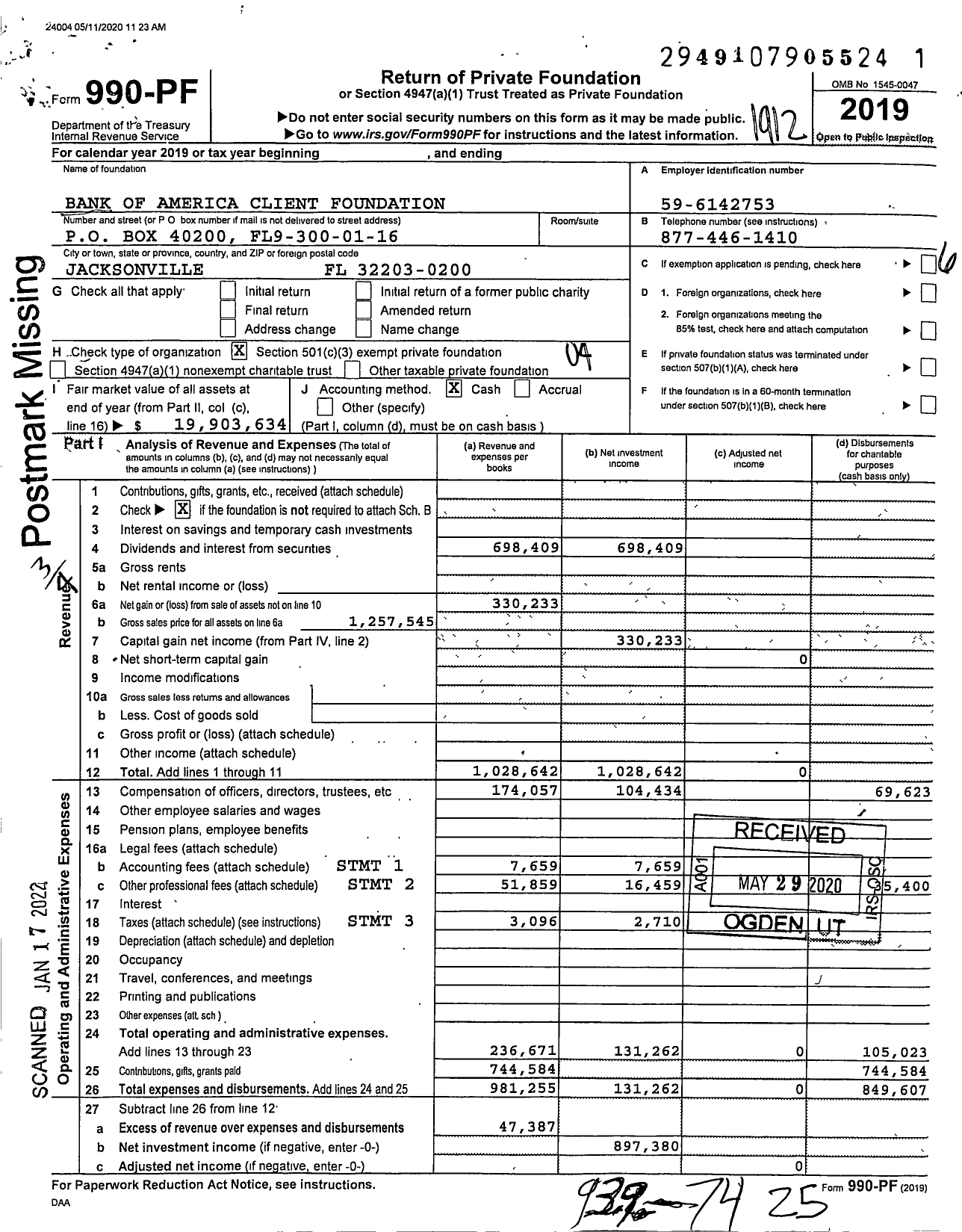 Image of first page of 2019 Form 990PF for Bank of America Client Foundation