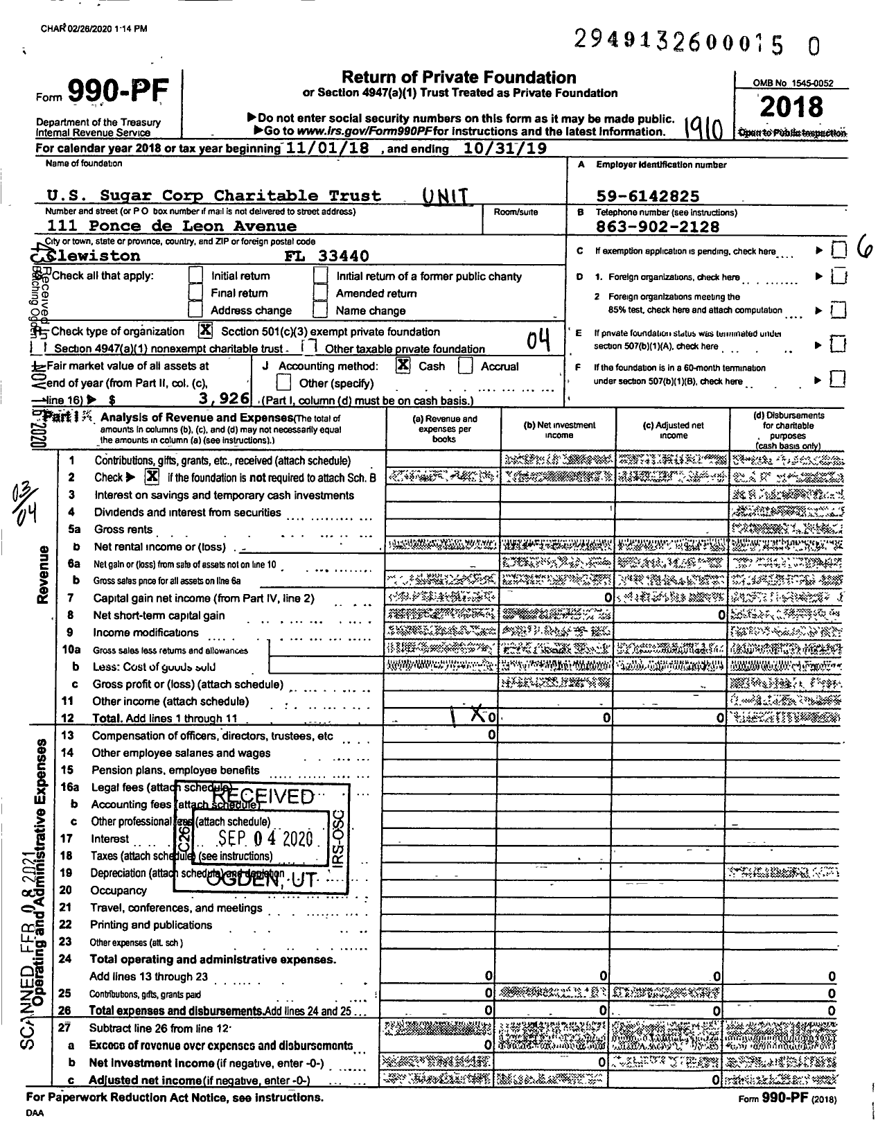 Image of first page of 2018 Form 990PF for United States Sugar Corporation Charitable Trust