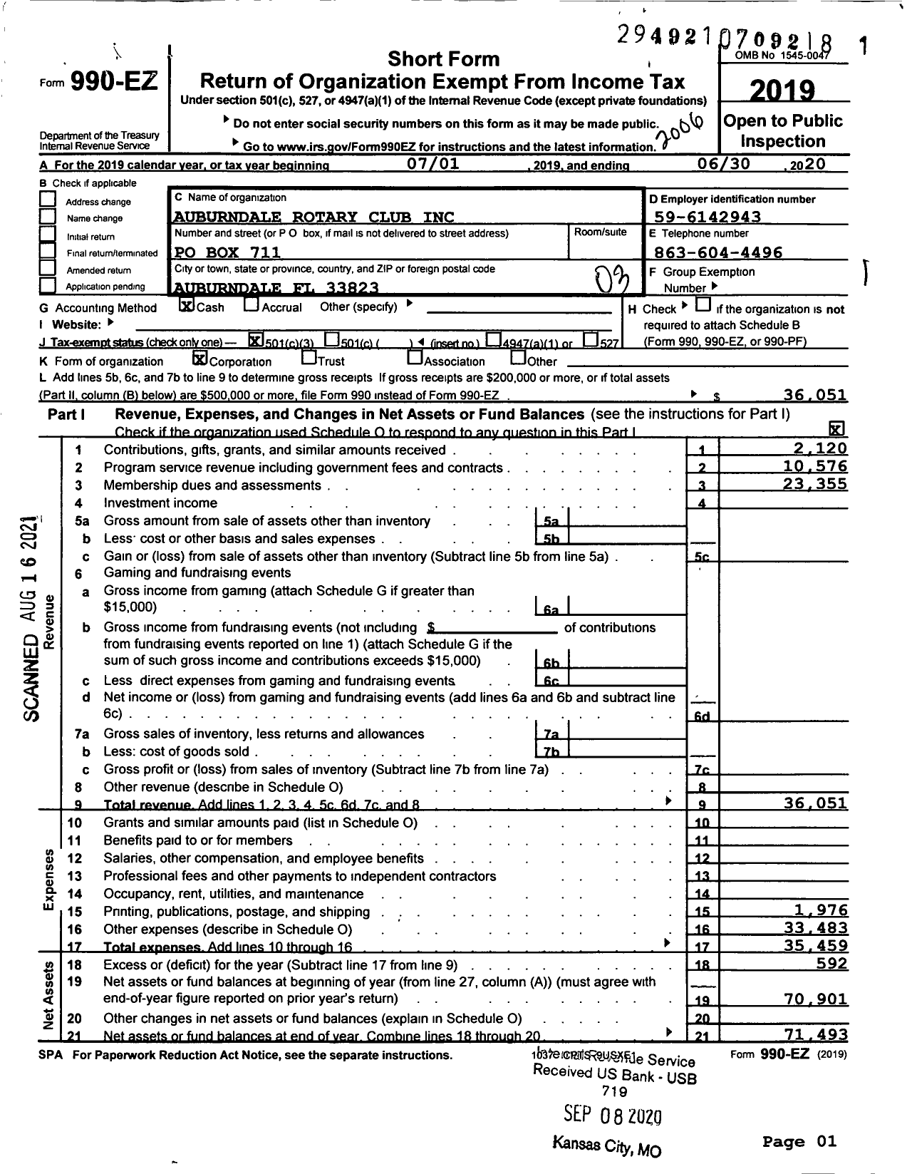 Image of first page of 2019 Form 990EZ for Rotary International - Auburndale