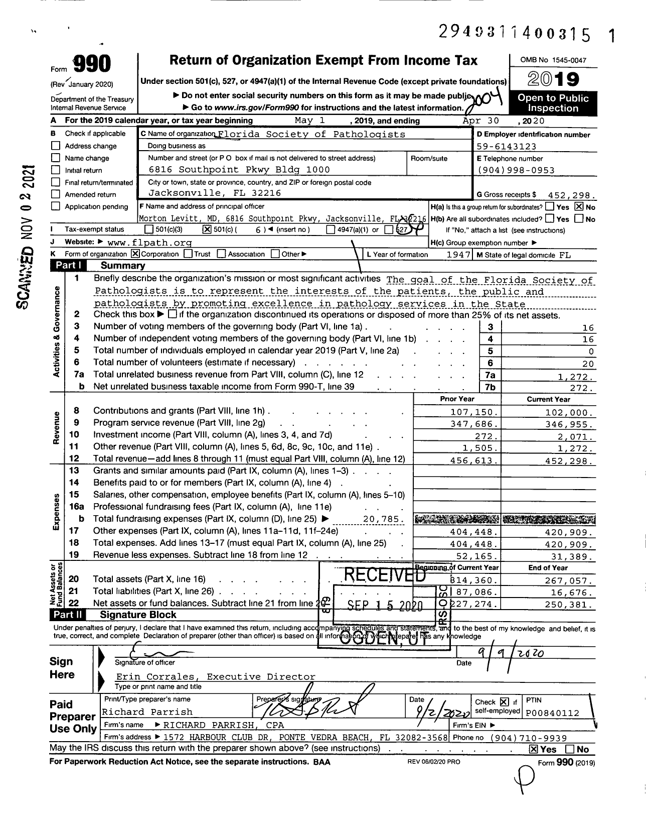 Image of first page of 2019 Form 990O for Florida Society of Pathologists