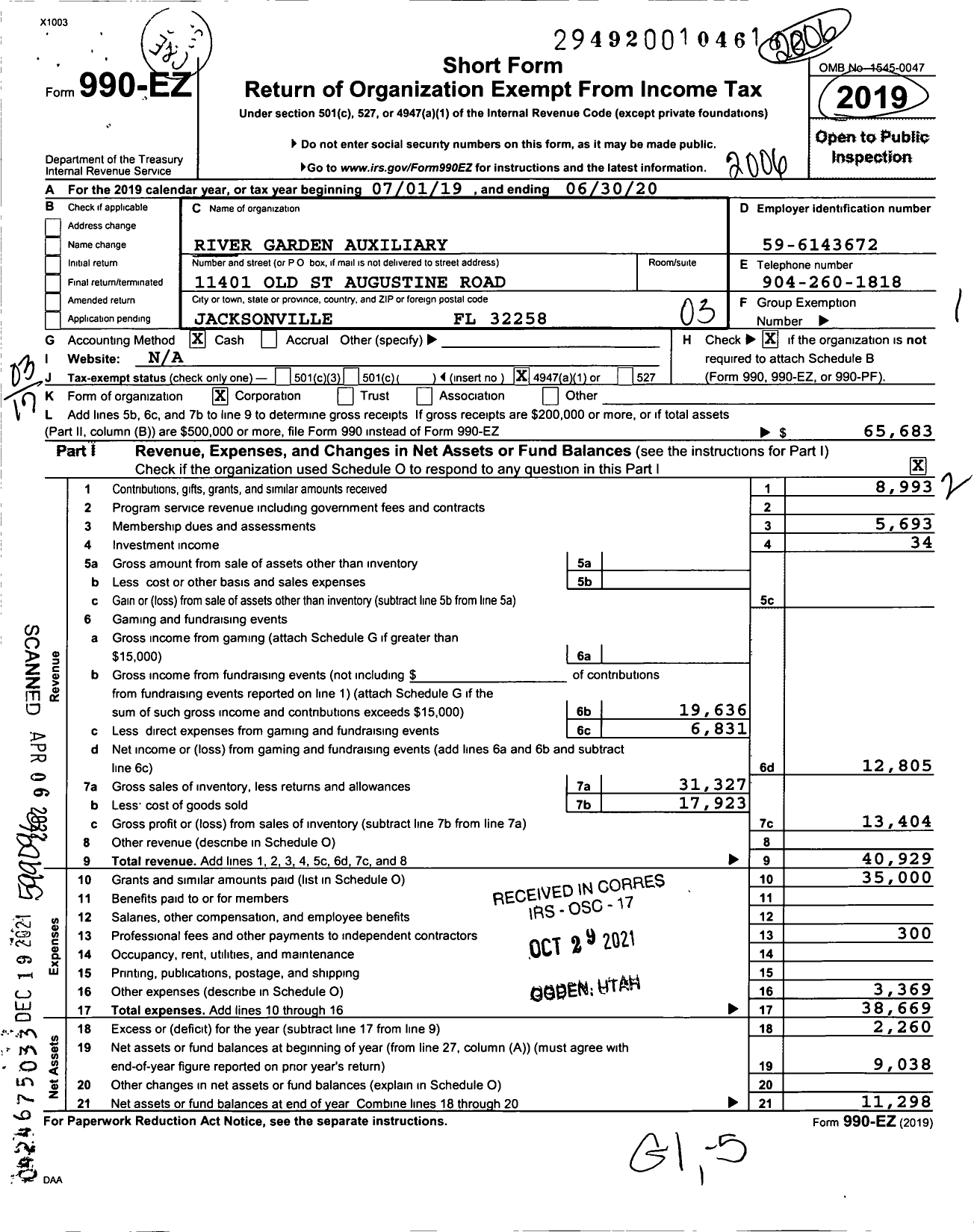 Image of first page of 2019 Form 990EZ for River Garden Auxiliary