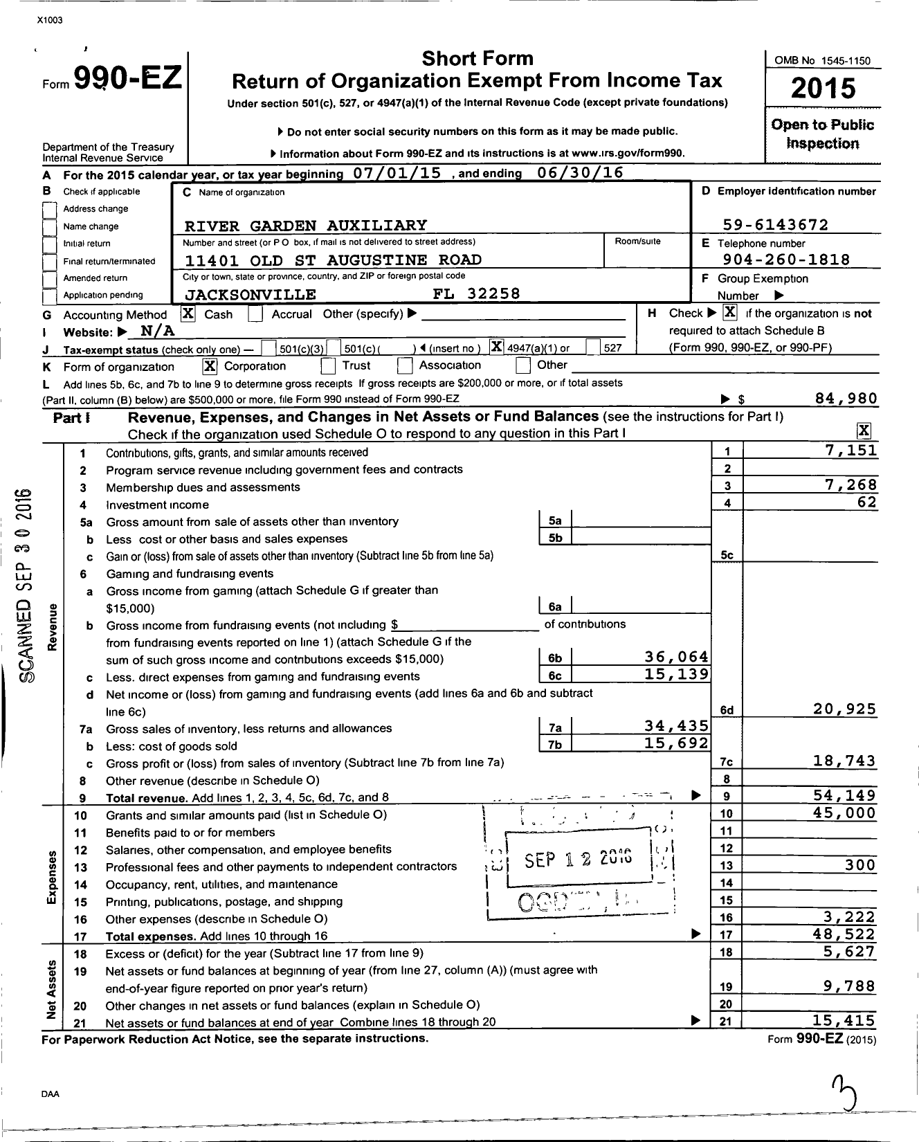 Image of first page of 2015 Form 990EO for River Garden Auxiliary