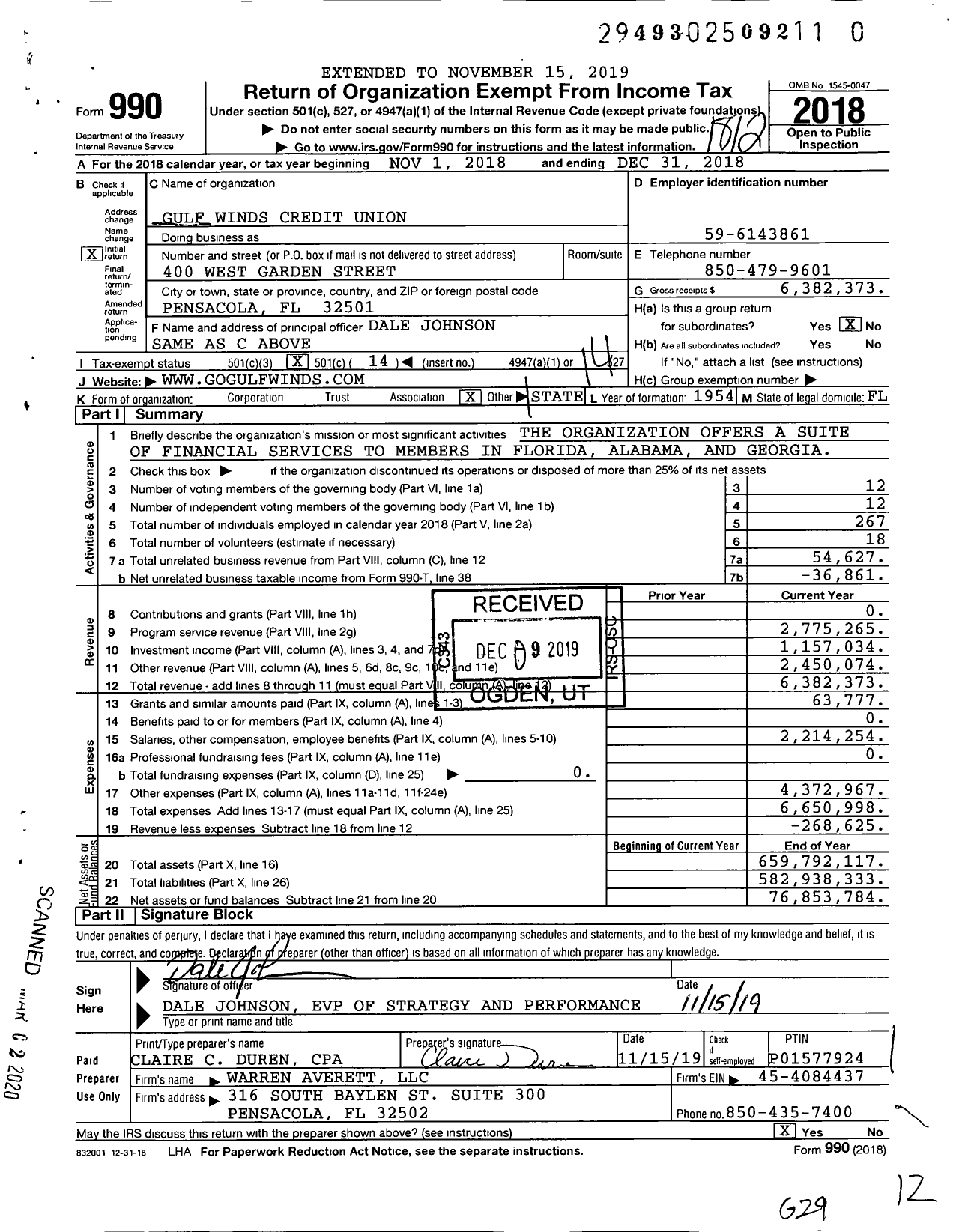 Image of first page of 2018 Form 990O for Gulf Winds Credit Union