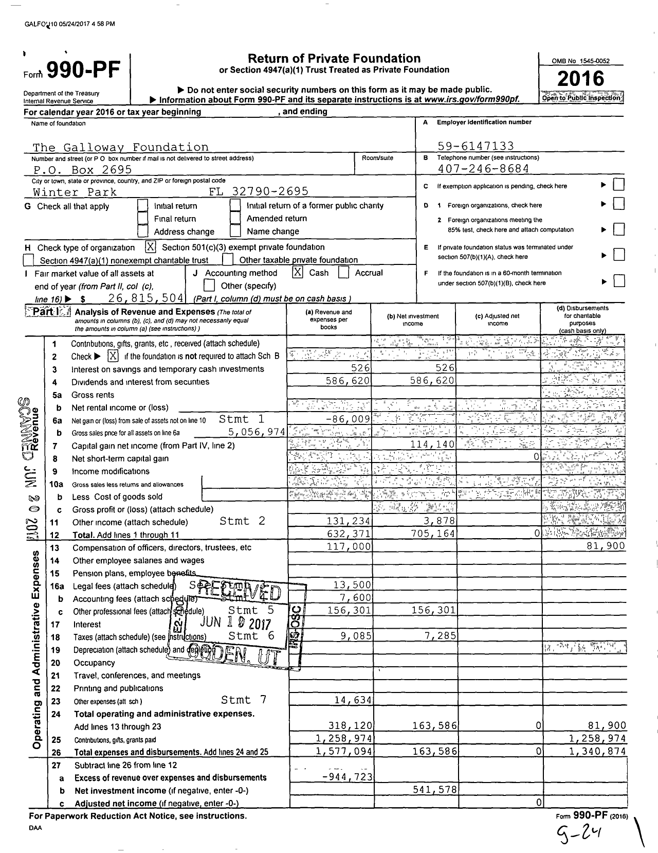 Image of first page of 2016 Form 990PF for The Galloway Foundation