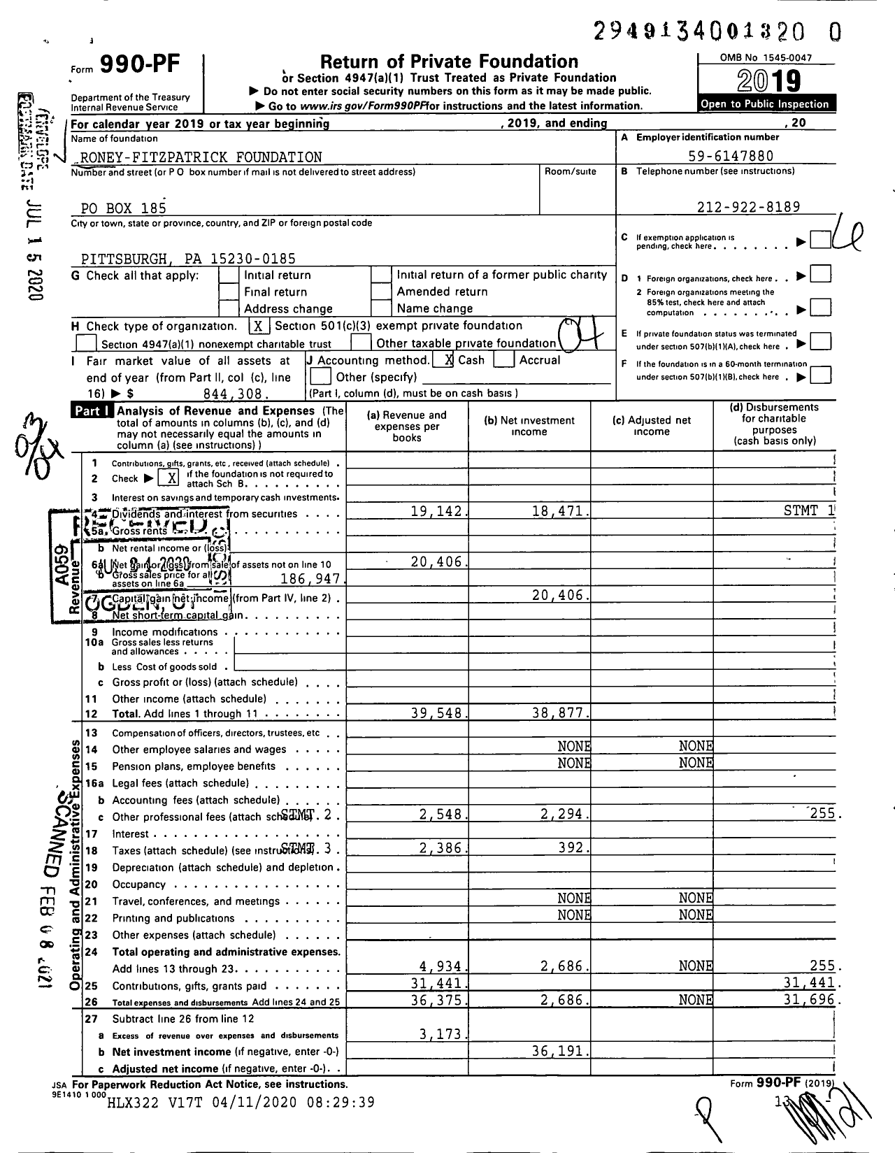 Image of first page of 2019 Form 990PF for Roney-Fitzpatrick Foundation