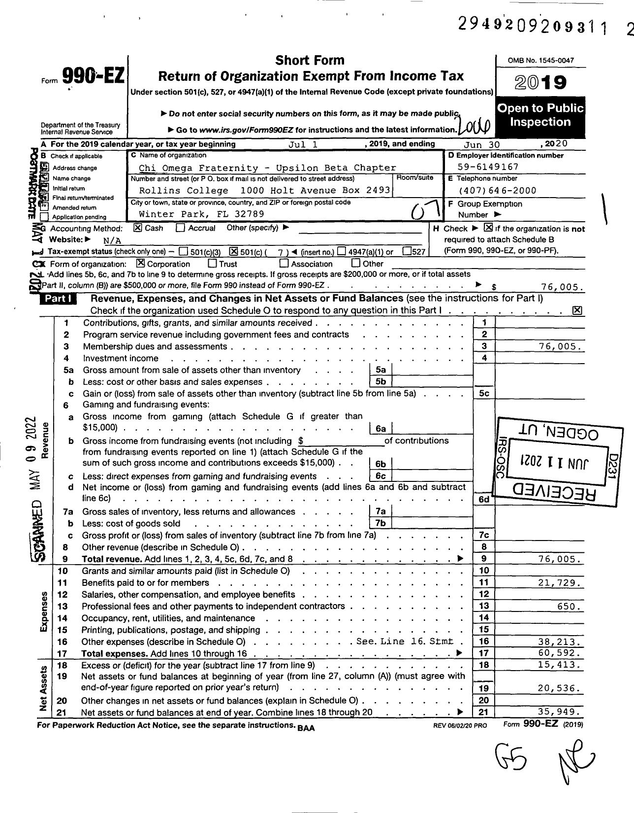 Image of first page of 2019 Form 990EO for Chi Omega Fraternity - Upsilon Beta Chapter