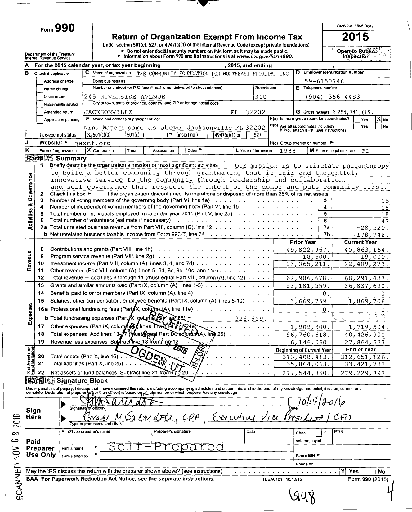 Image of first page of 2015 Form 990 for The Community Foundation for Northeast Florida
