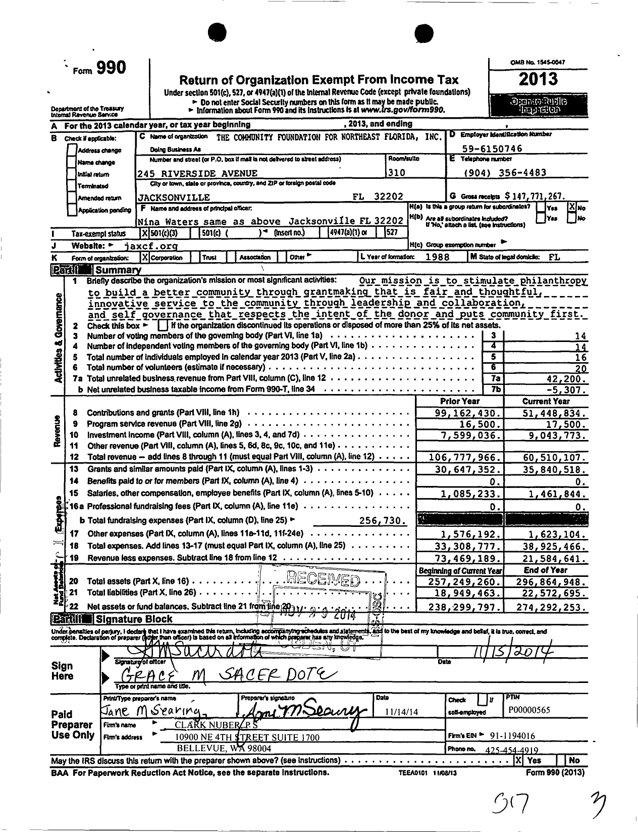 Image of first page of 2013 Form 990 for The Community Foundation for Northeast Florida