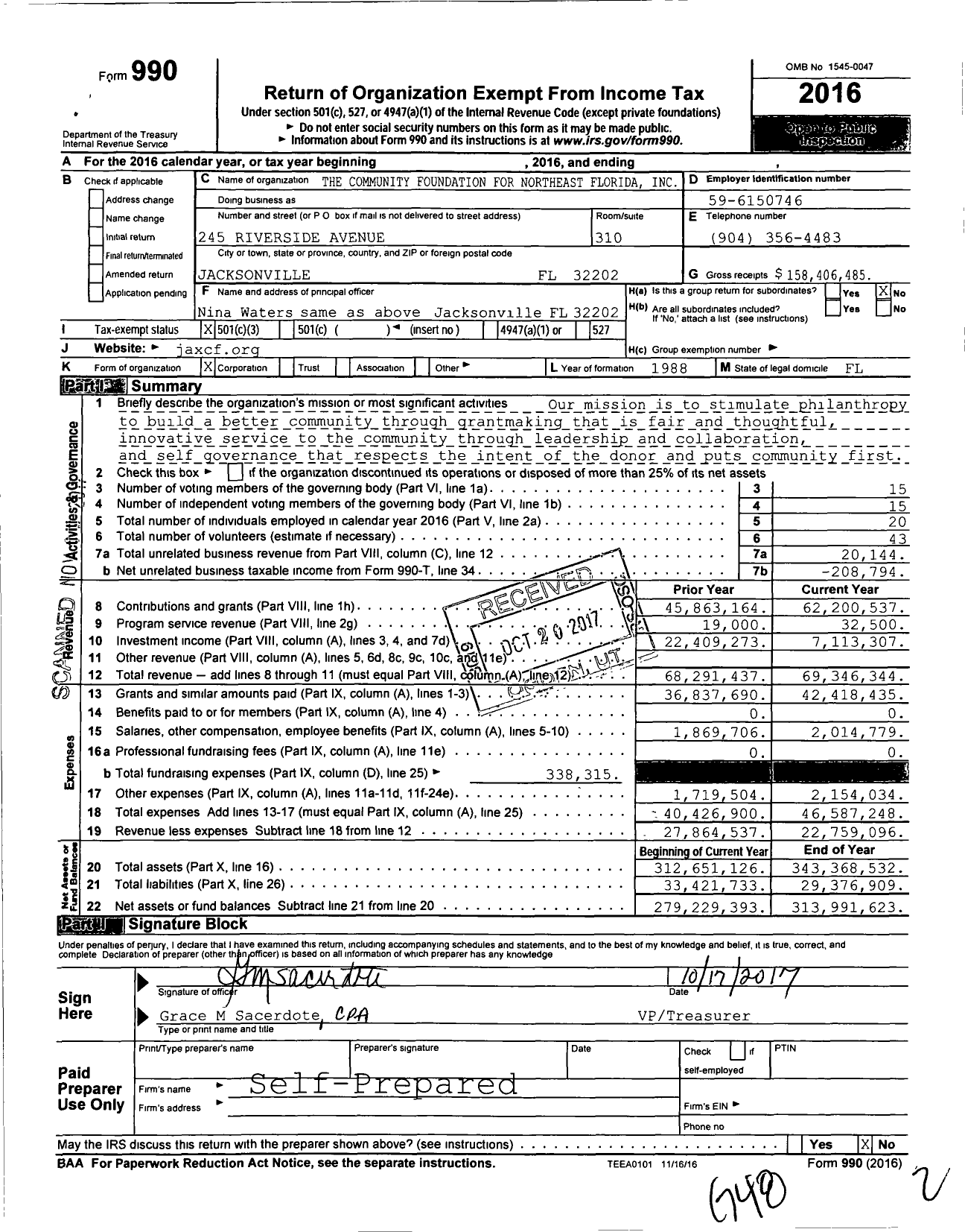 Image of first page of 2016 Form 990 for The Community Foundation for Northeast Florida