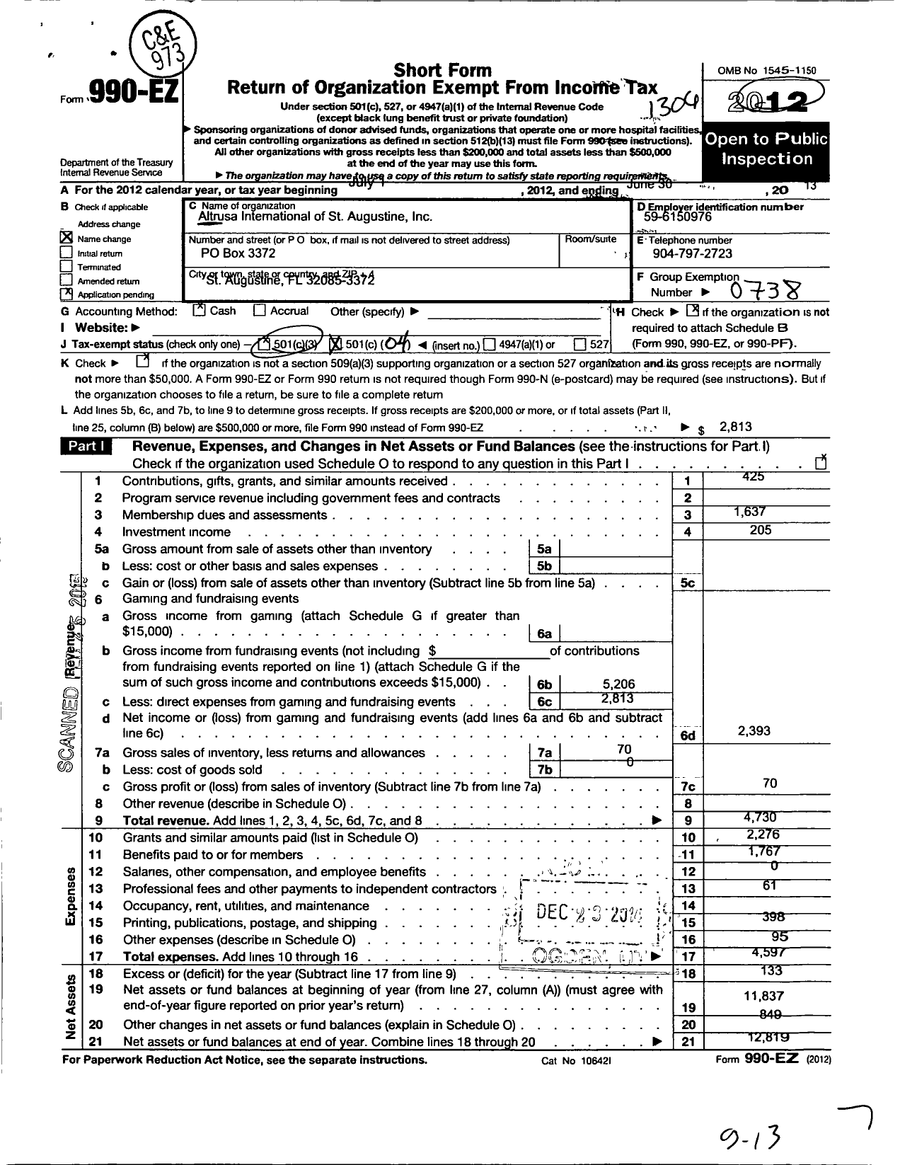 Image of first page of 2012 Form 990EO for Altrusa International of St Augustine