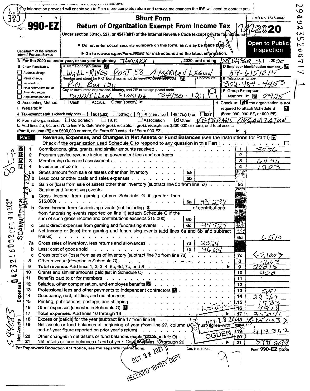 Image of first page of 2020 Form 990EO for American Legion - 58 Wall-Rives Post