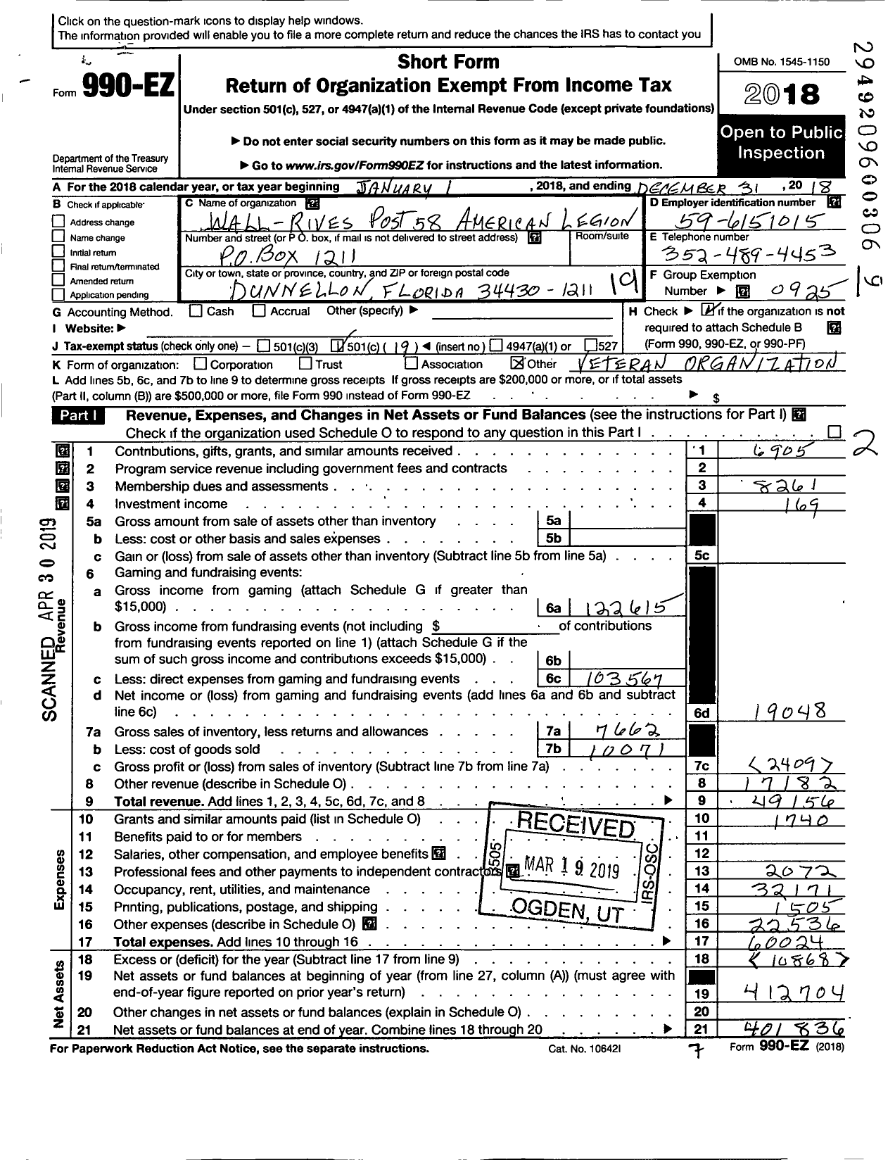 Image of first page of 2018 Form 990EO for American Legion - 58 Wall-Rives Post