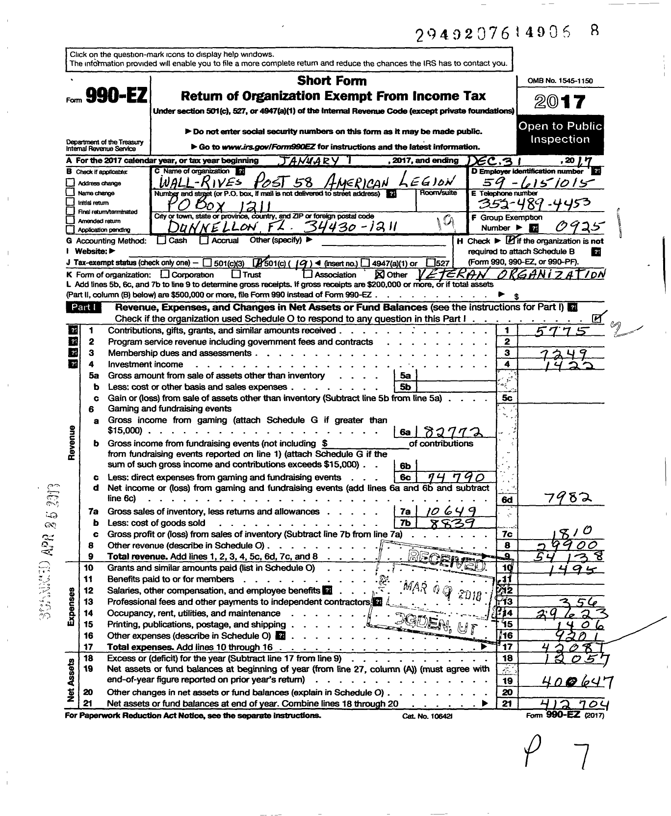 Image of first page of 2017 Form 990EO for American Legion - 58 Wall-Rives Post