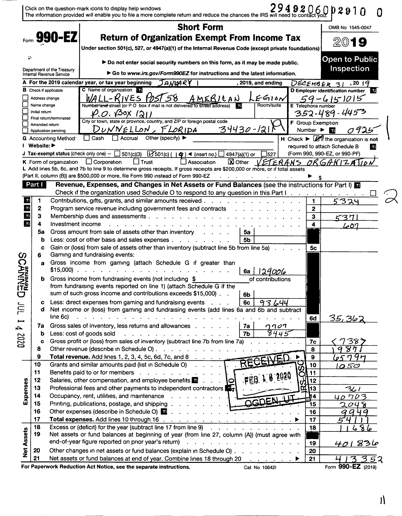 Image of first page of 2019 Form 990EO for American Legion - 58 Wall-Rives Post