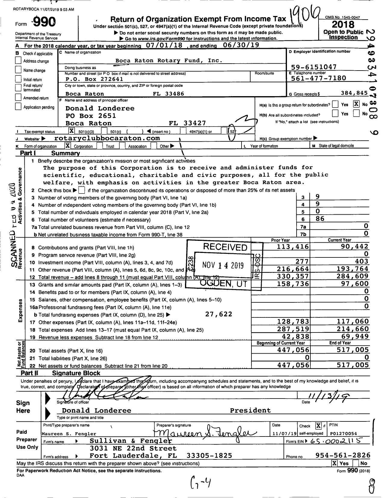 Image of first page of 2018 Form 990 for Boca Raton Rotary Fund