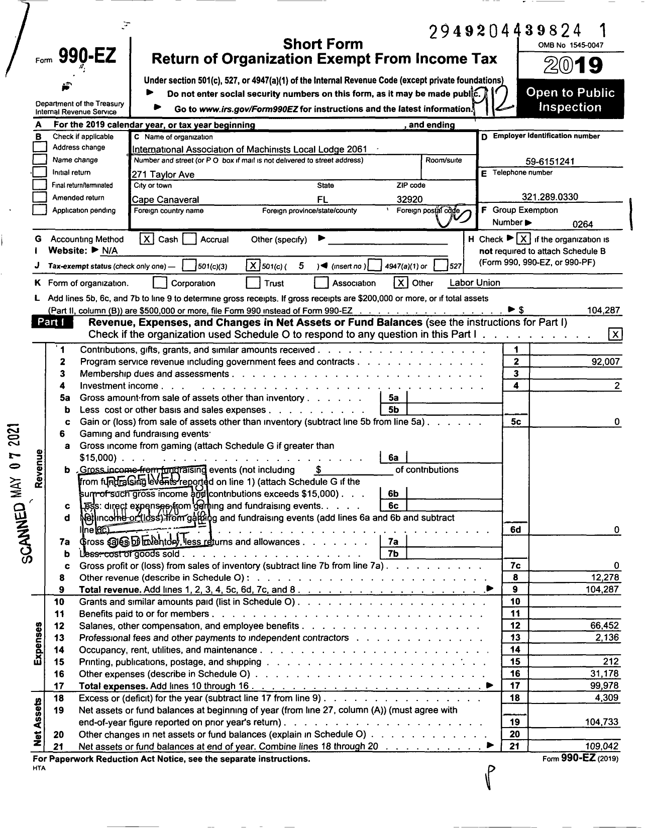 Image of first page of 2019 Form 990EO for International Association of Machinists and Aerospace Workers - 2061