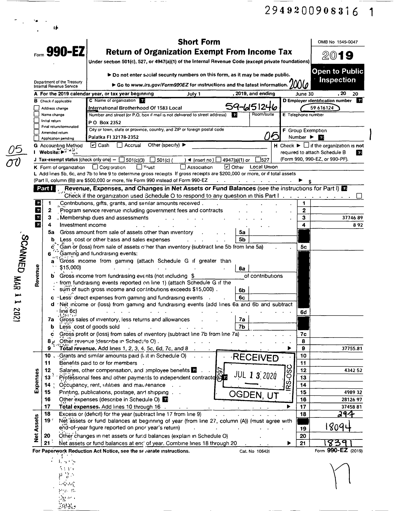 Image of first page of 2019 Form 990EO for International Brotherhood Of Electrical Workers - 1583 Local Union