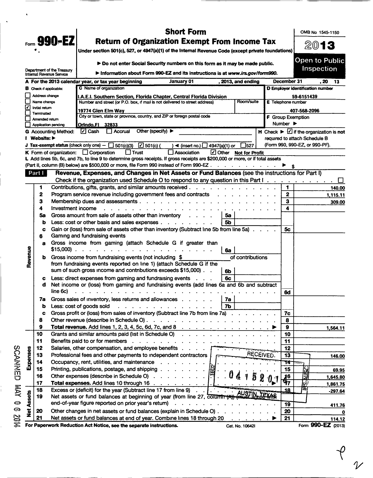 Image of first page of 2013 Form 990EO for International Association of Electrical Inspectors / Central FL Division Southern Sectio