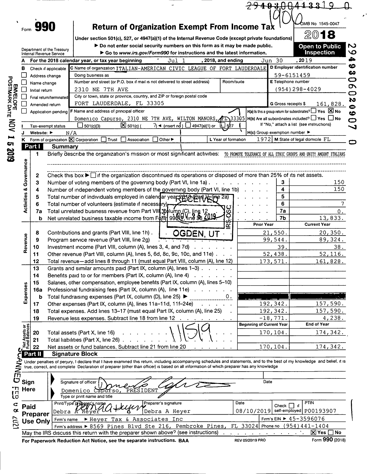 Image of first page of 2018 Form 990O for Italian American Civic League of Fort Lauderdale