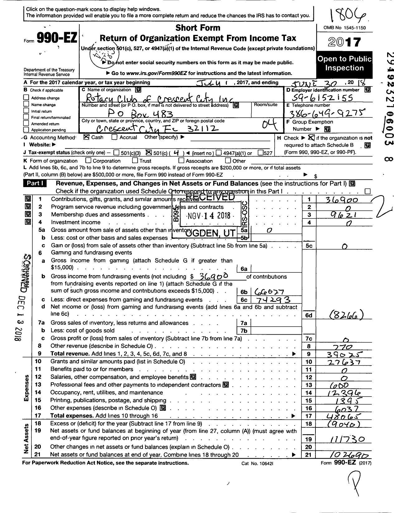 Image of first page of 2017 Form 990EO for ROTARY INTERNATIONAL - Crescent City