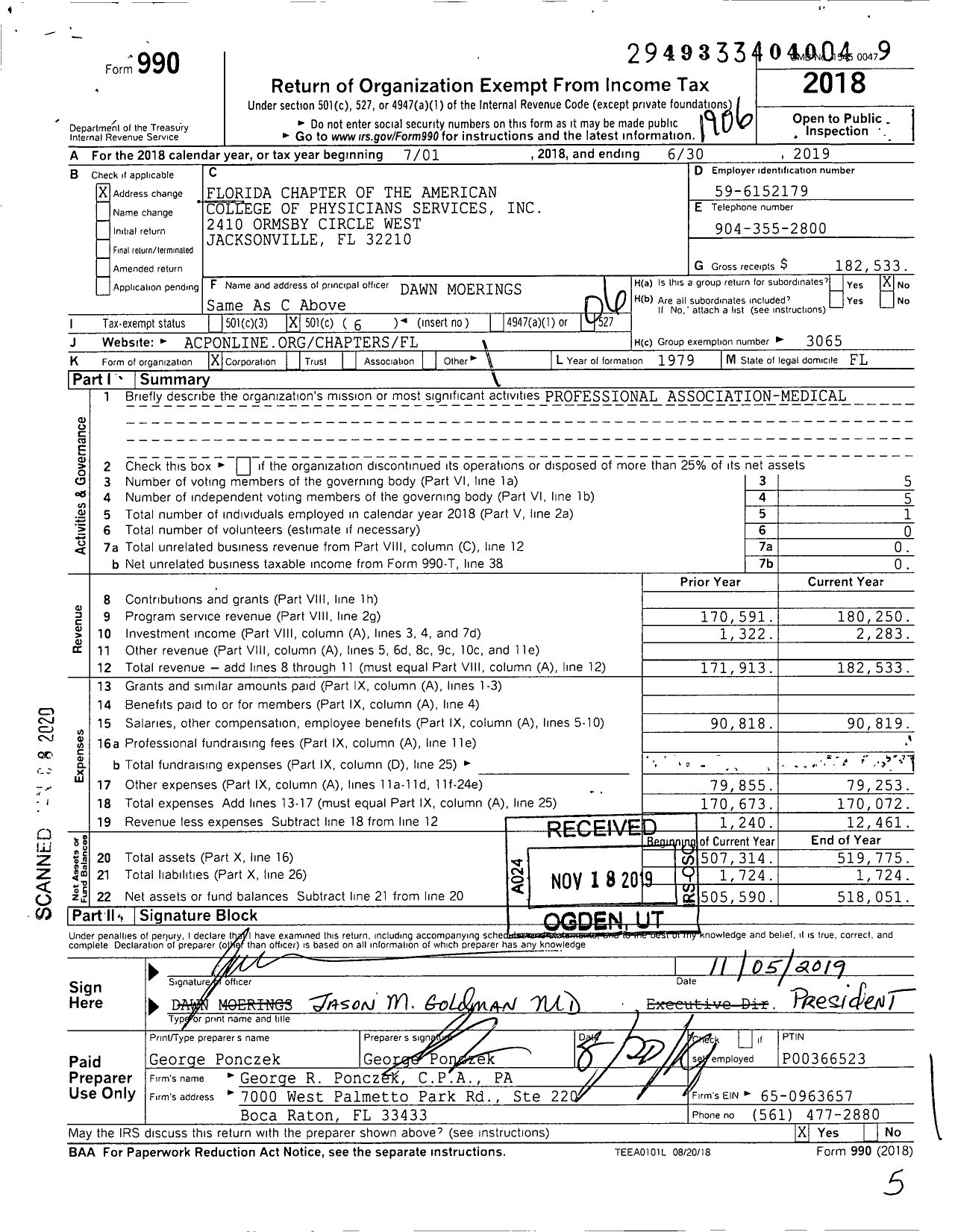 Image of first page of 2018 Form 990O for Florida Chapter of the American College of Physicians Services