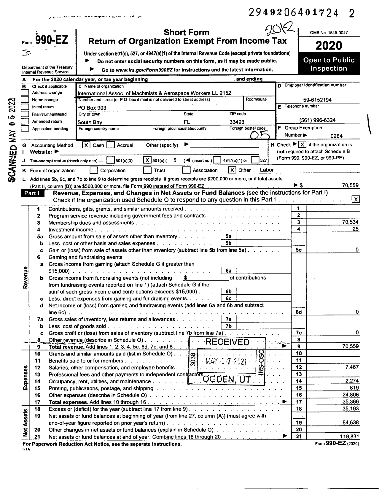 Image of first page of 2020 Form 990EO for International Association of Machinists and Aerospace Workers - 2152