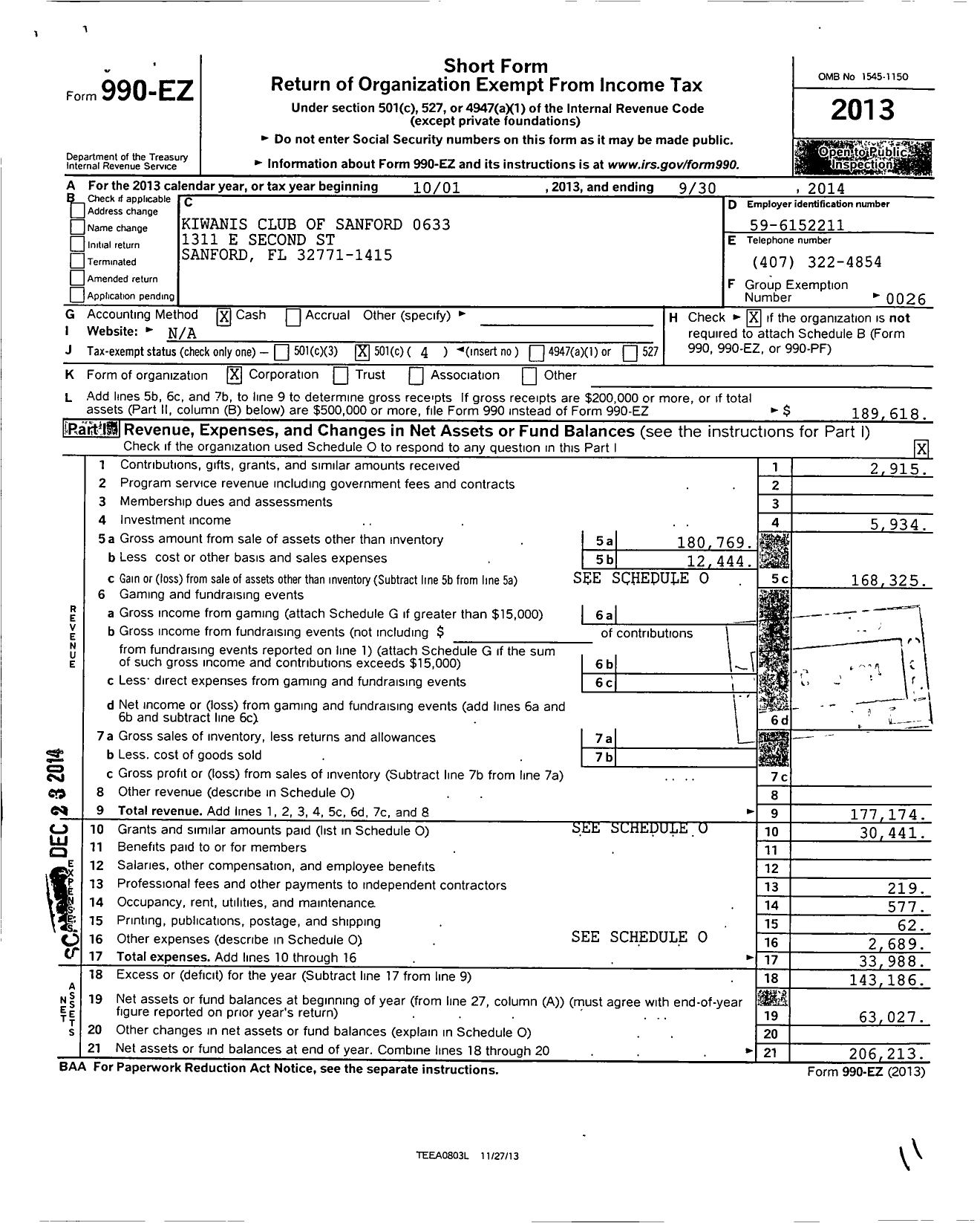 Image of first page of 2013 Form 990EO for Kiwanis International - K00633 Sanford