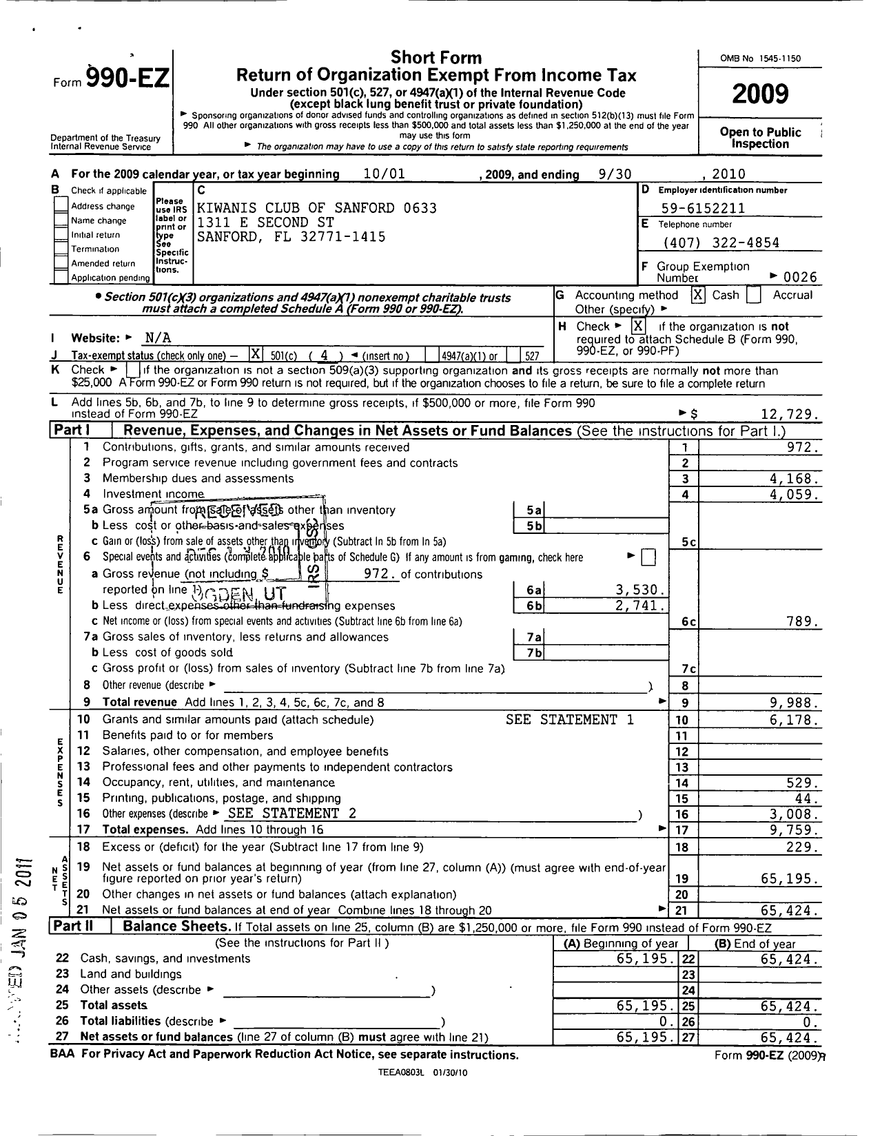 Image of first page of 2009 Form 990EO for Kiwanis International - K00633 Sanford