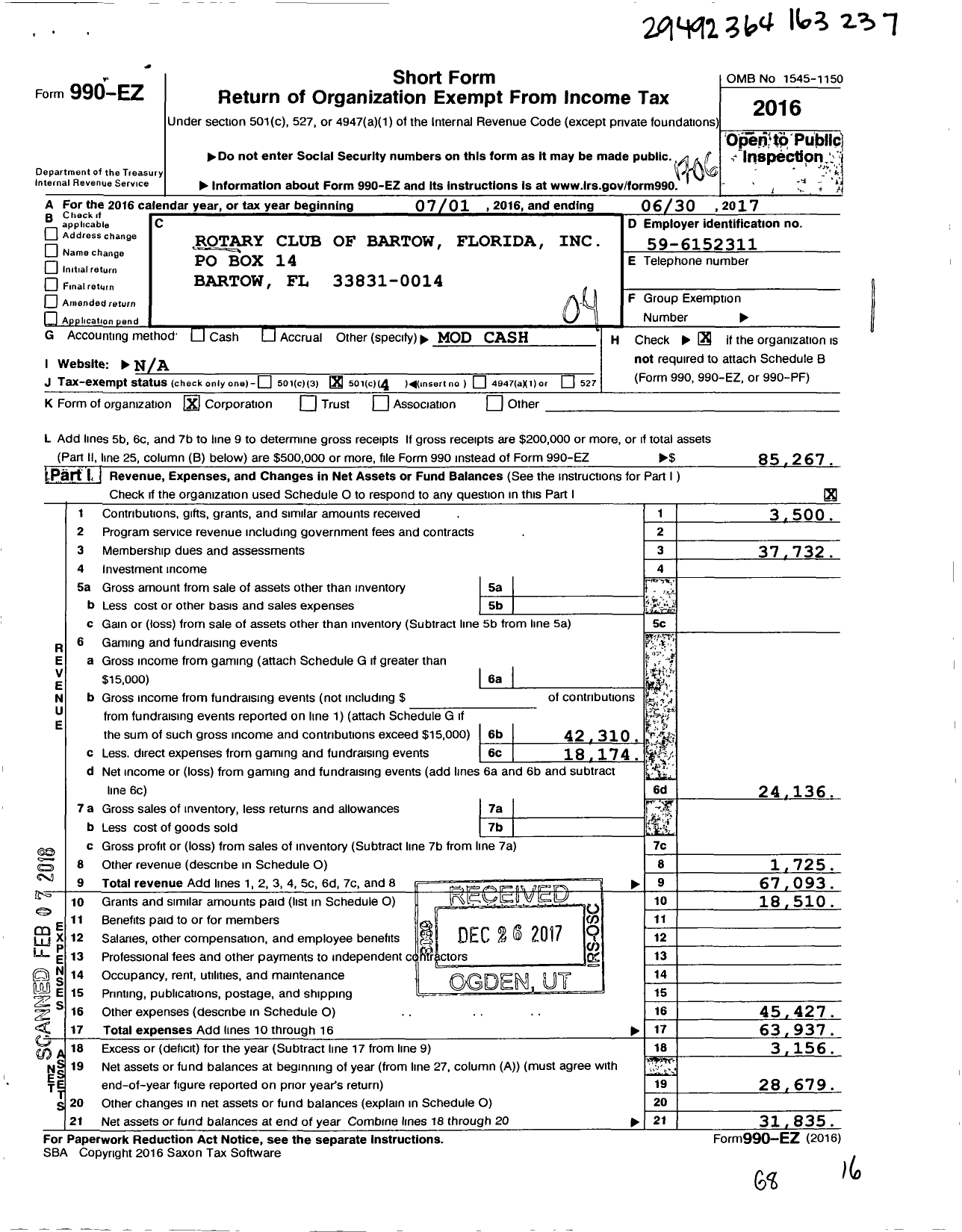 Image of first page of 2016 Form 990EO for Rotary International - Bartow