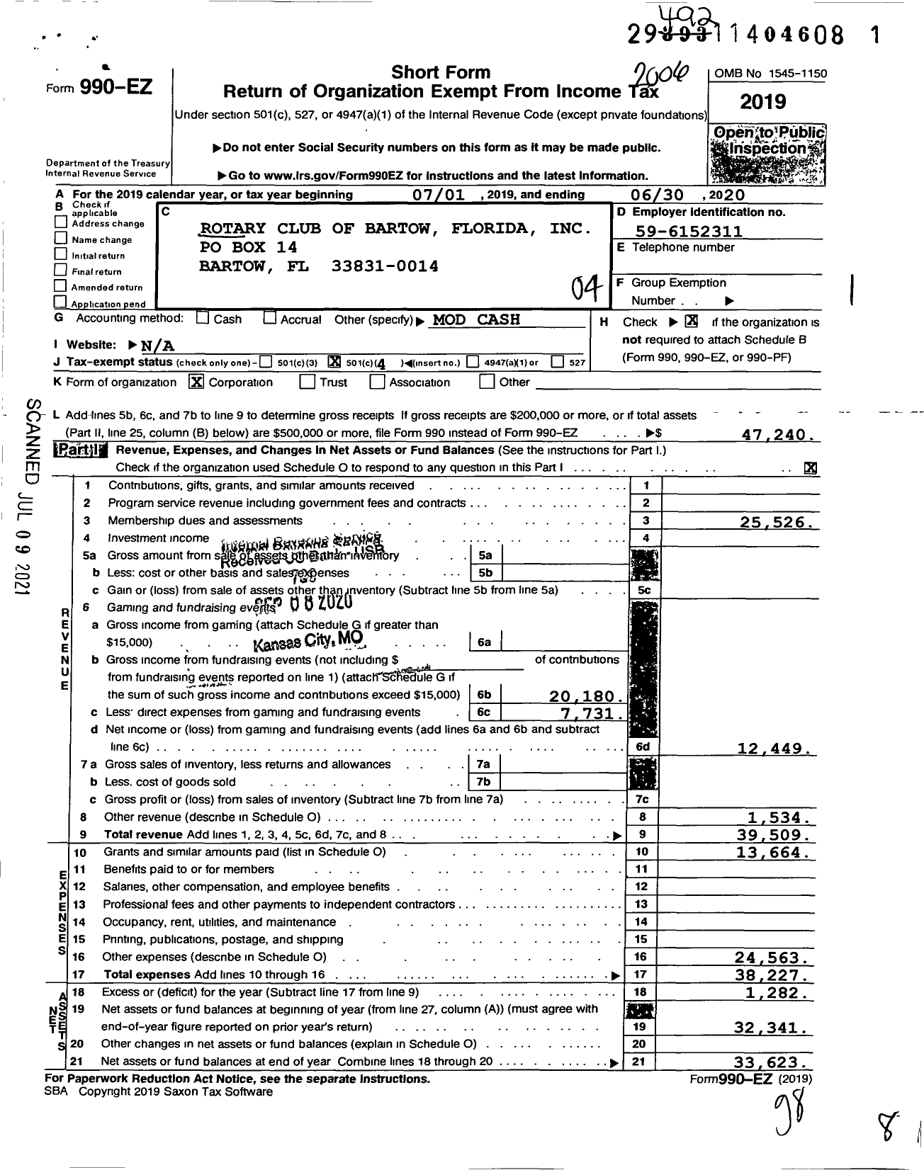 Image of first page of 2019 Form 990EO for Rotary International - Bartow