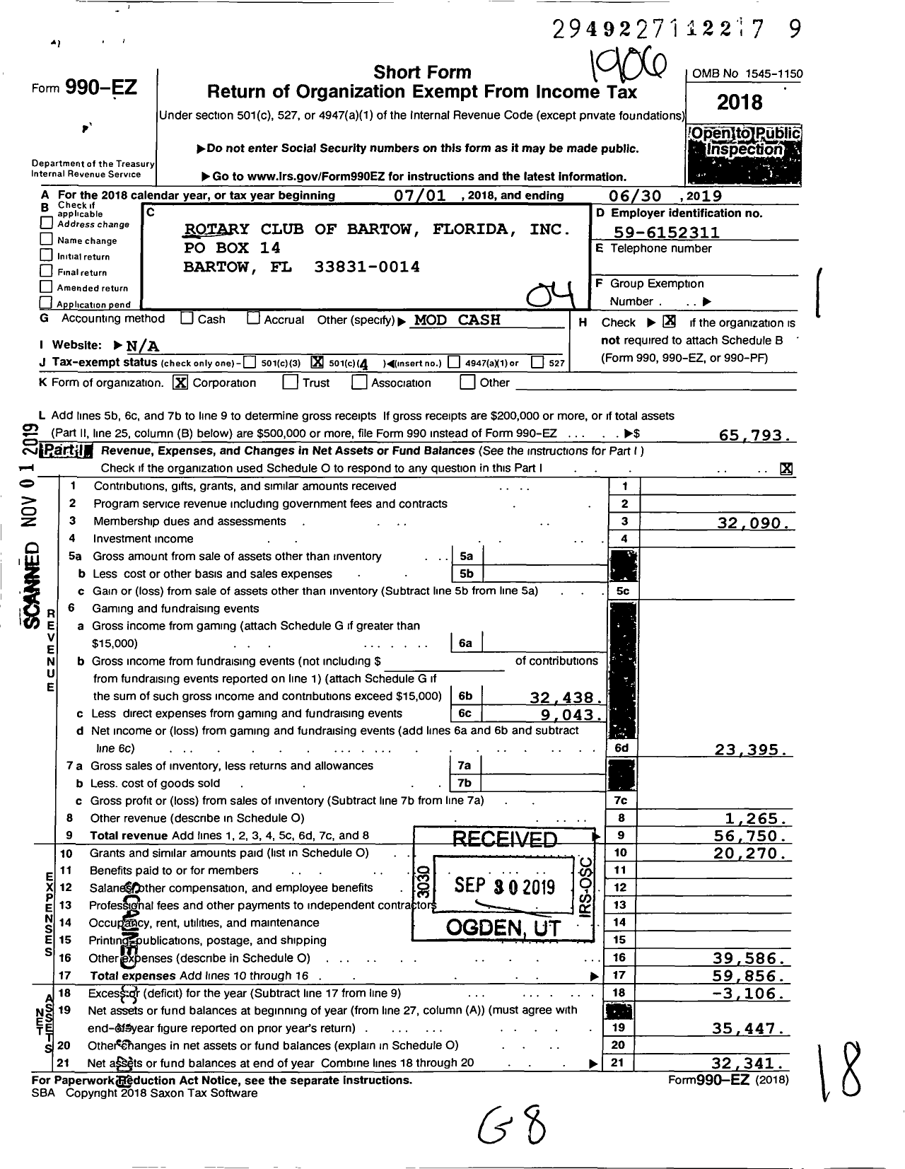 Image of first page of 2018 Form 990EO for Rotary International - Bartow